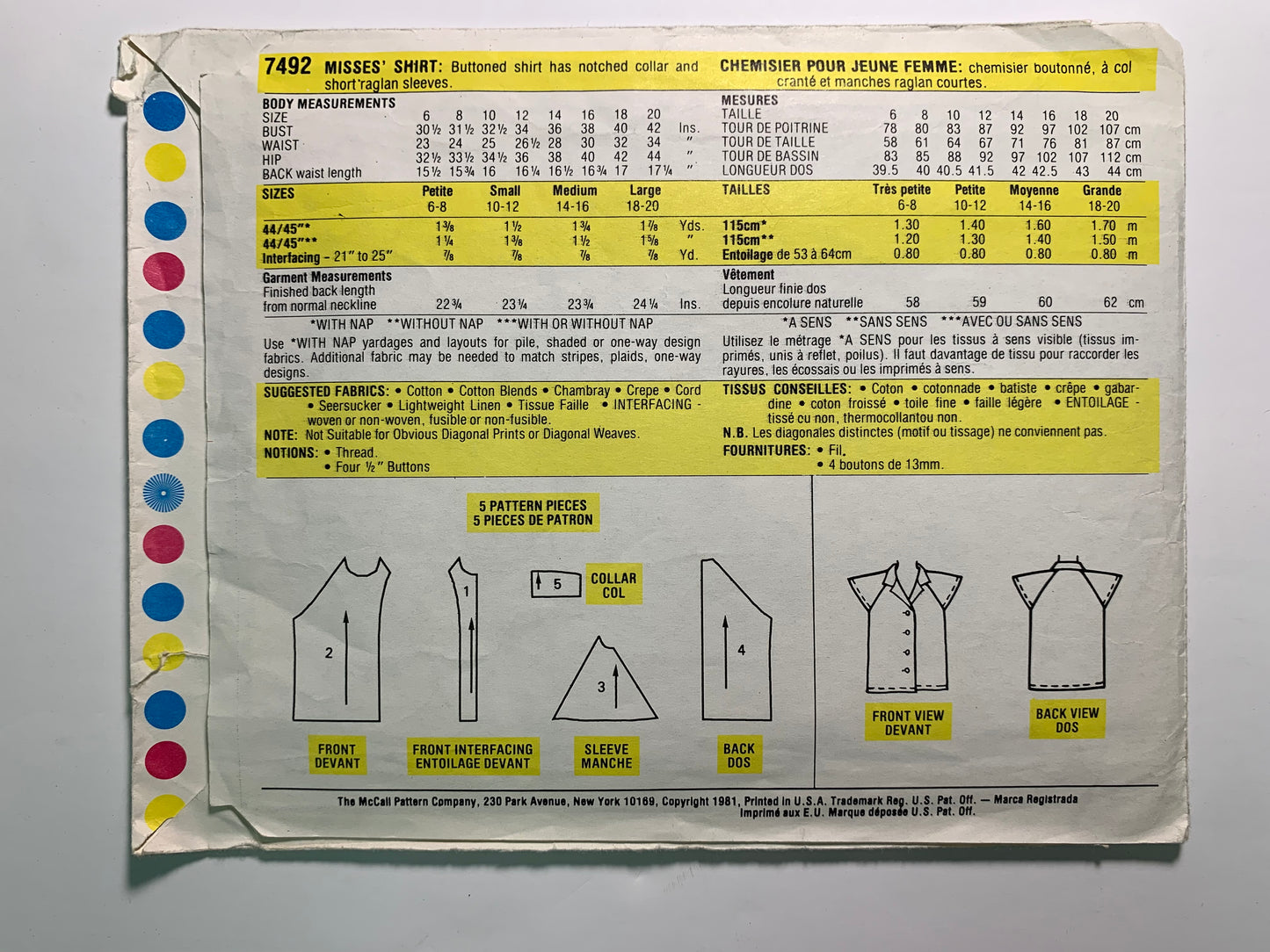 McCall's 7492 Misses' Shirt, Size 6-16. Cut, Vintage 1981