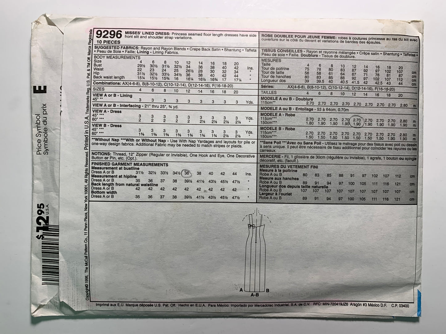 McCall's 9296 Misses' Lined Dress, Size 8-12, Cut, Vintage 1998