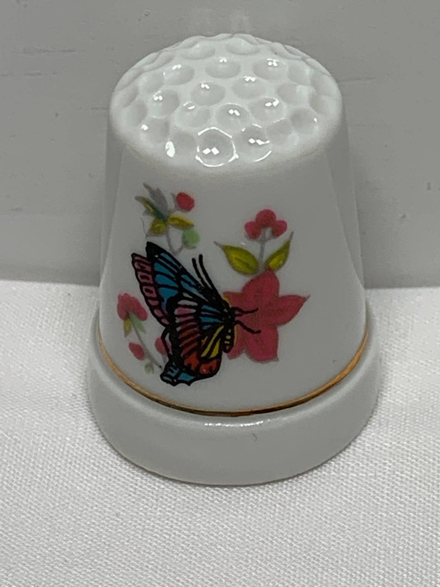 Thimble Souvenir, Gift, Blue Butterfly, Pink Flowers, Porcelain, Sewing