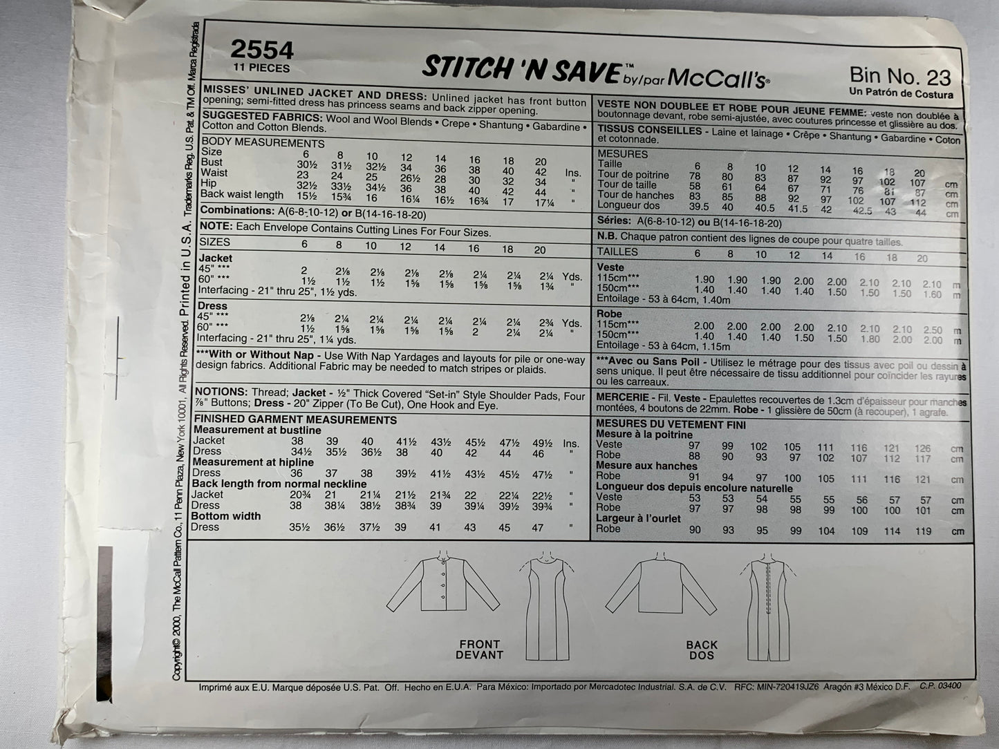 McCall's 2554 Stitch 'N Save Misses' Unlined Jacket, Dress, Size 6-12, Uncut, 2000