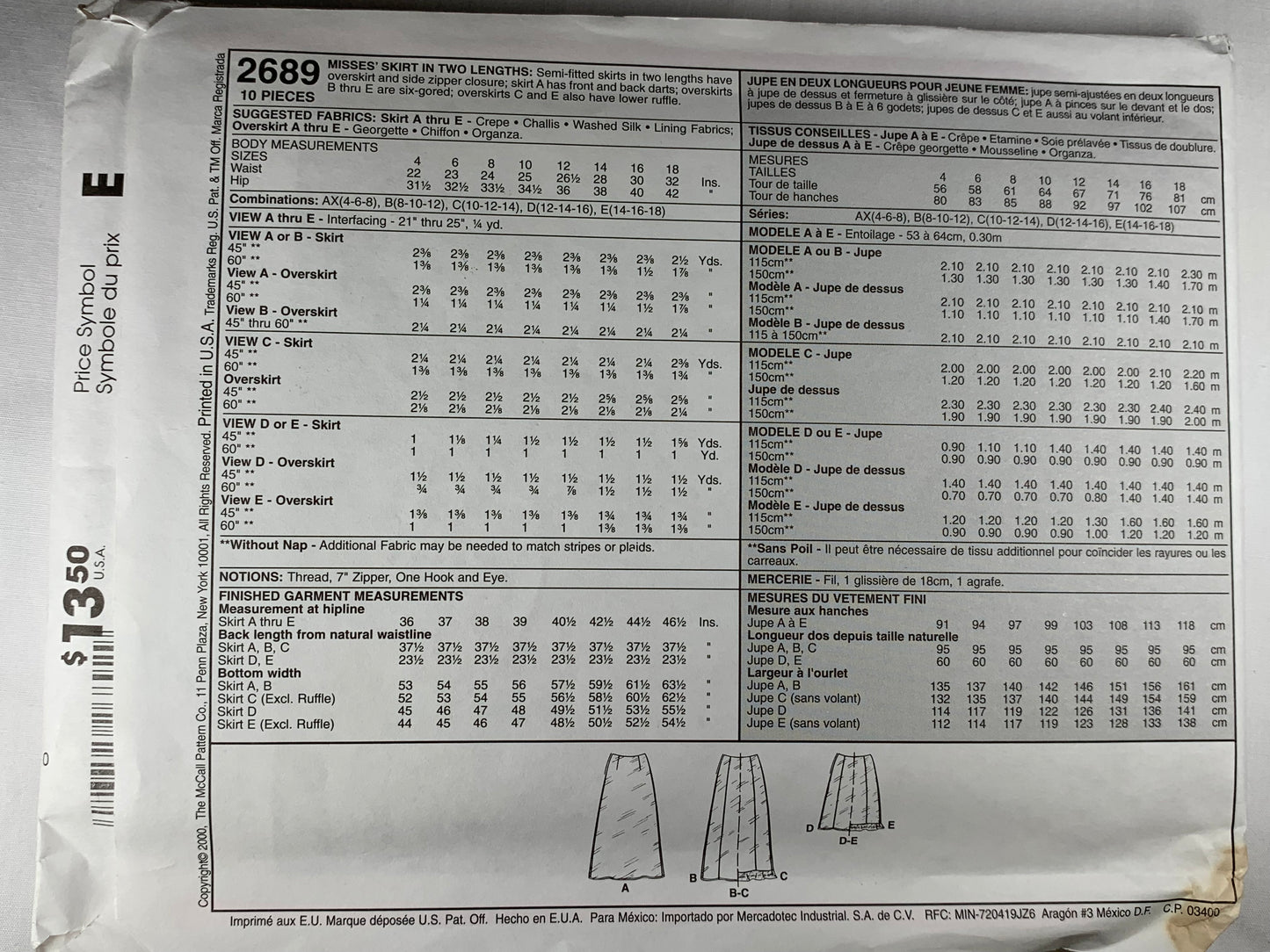 McCall's 2689 Misses' Skirt, Size 8-12, Uncut, 2000