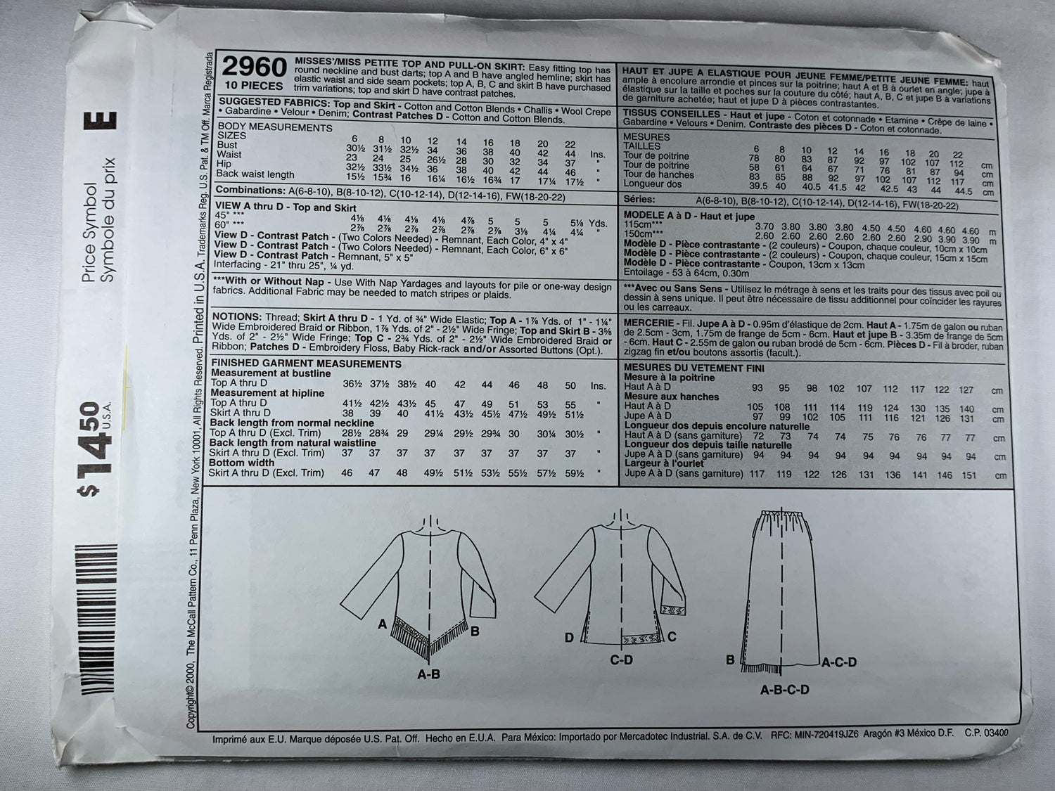 McCall's 2960 Top, Skirt, Size 6-10, Uncut, 2001