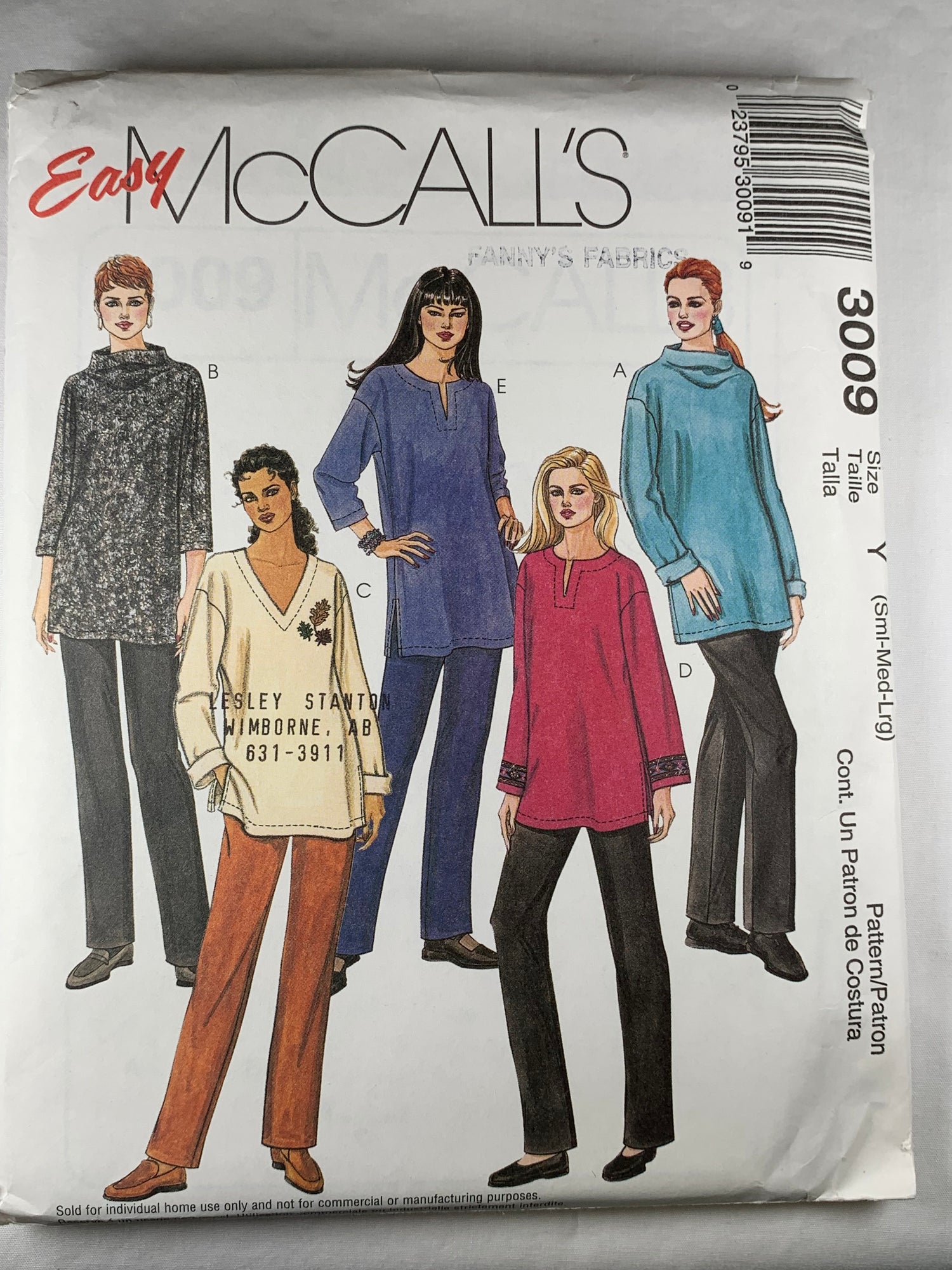 McCall's 3009 Misses' Petite Tops, Pull-On Pants, Size 8-18, Uncut, 2000