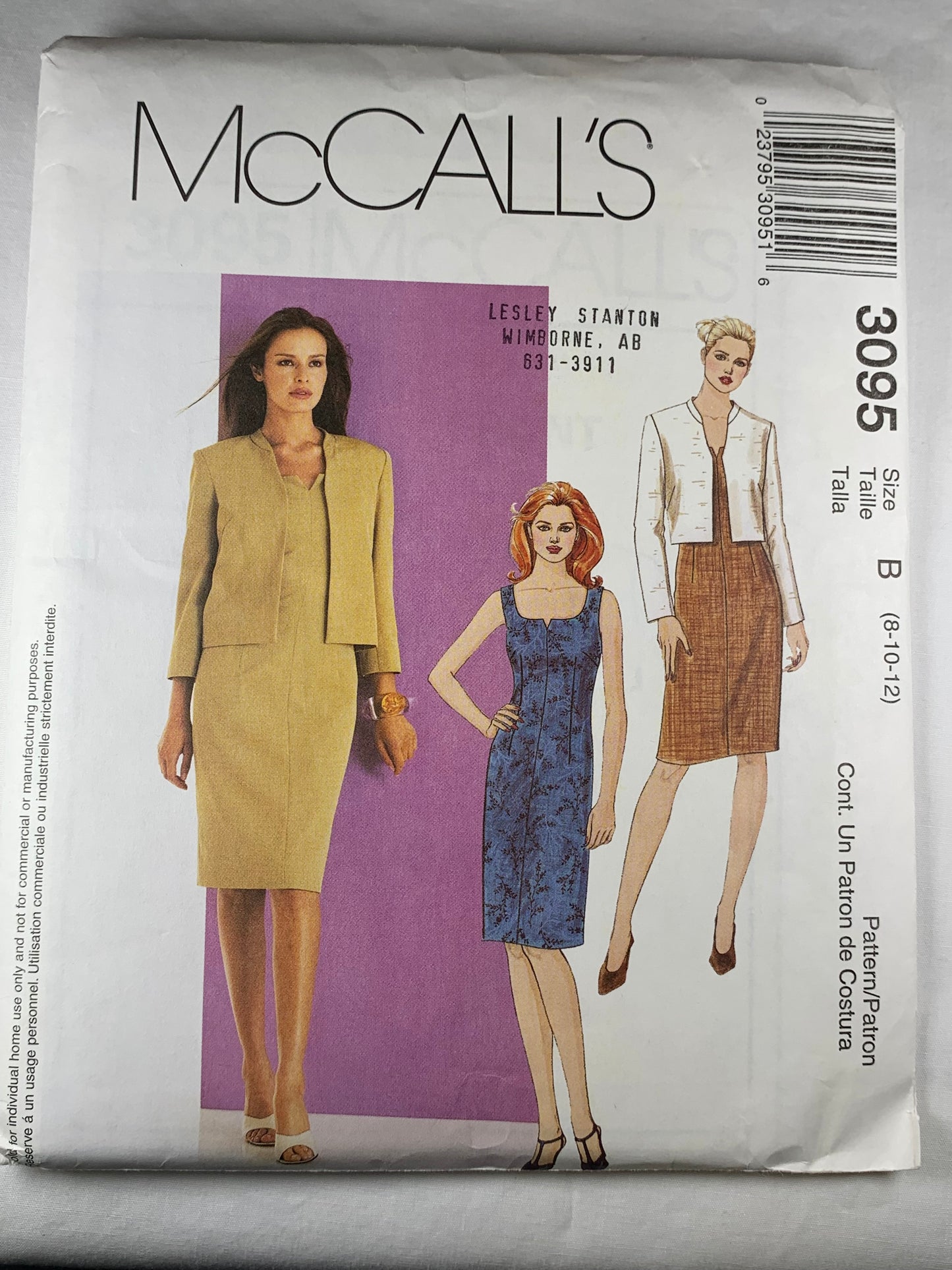 McCall's 3095 Misses' Dress, Lined Jacket, Size 8-12, Uncut, 2001