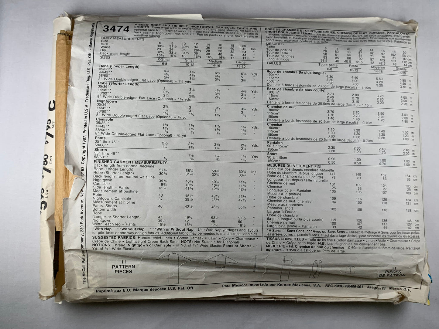 McCalls' Misses' Robe, Tie Belt, Nightgown, Pants, Shorts, Size 18-20, Cut, Vintage 1987