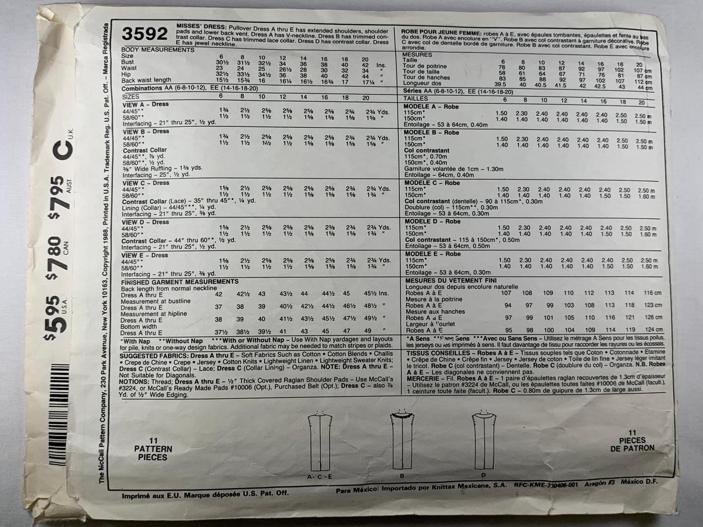 McCall's 3592 Misses' Dress. Size 14-16, Cut, Vintage 1988