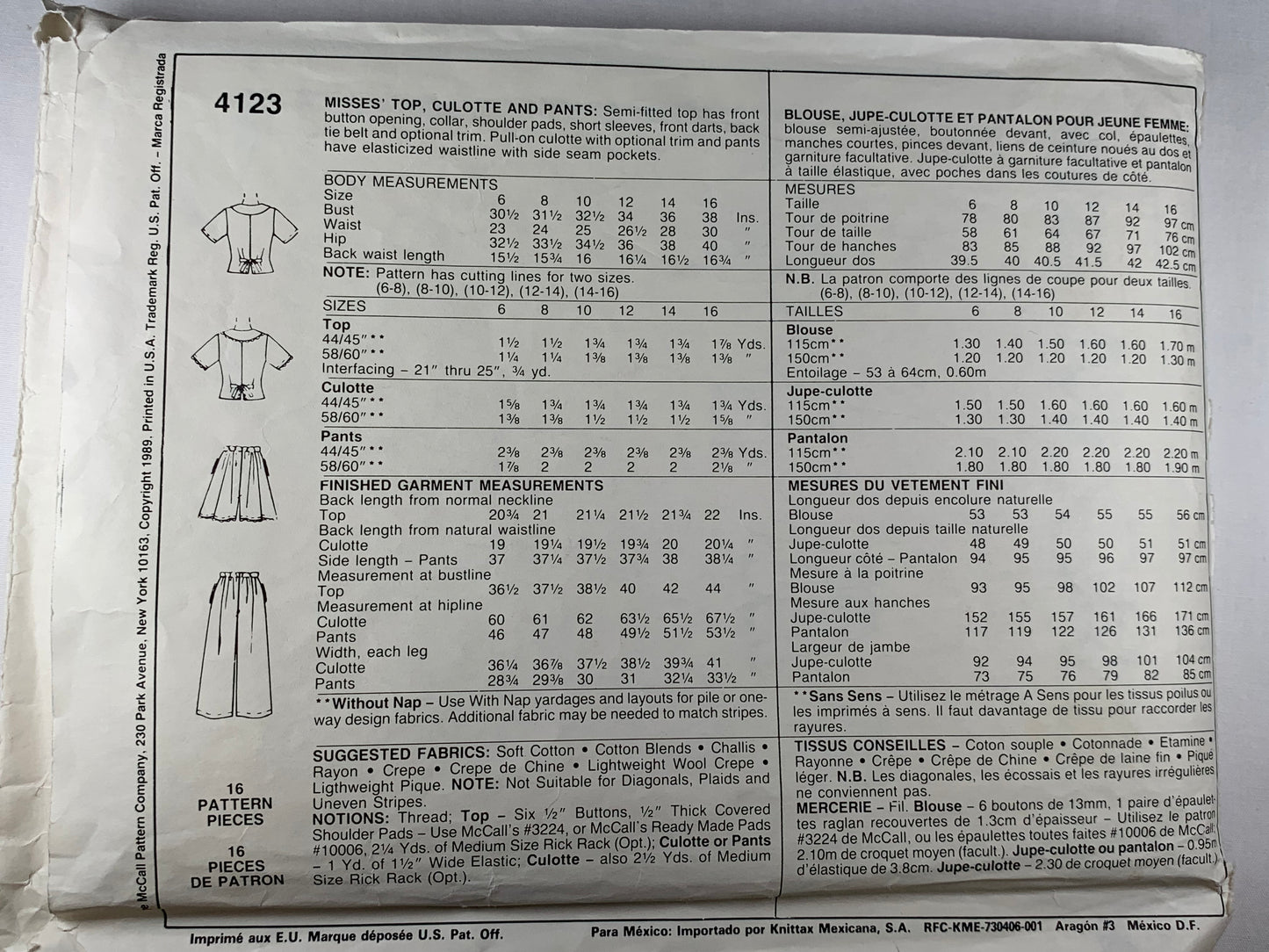 McCall's 4123 Misses' Top, Culottes, Pants, Size 10-12, Cut, Vintage 1989