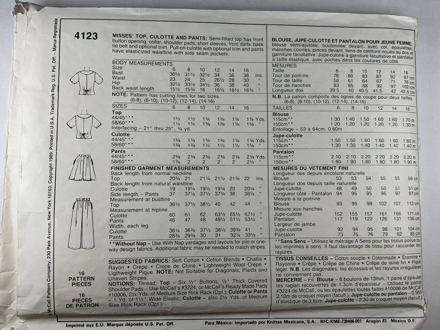 McCall's 4123 Misses' Top, Culottes, Pants, Size 10-12, Cut, Vintage 1989
