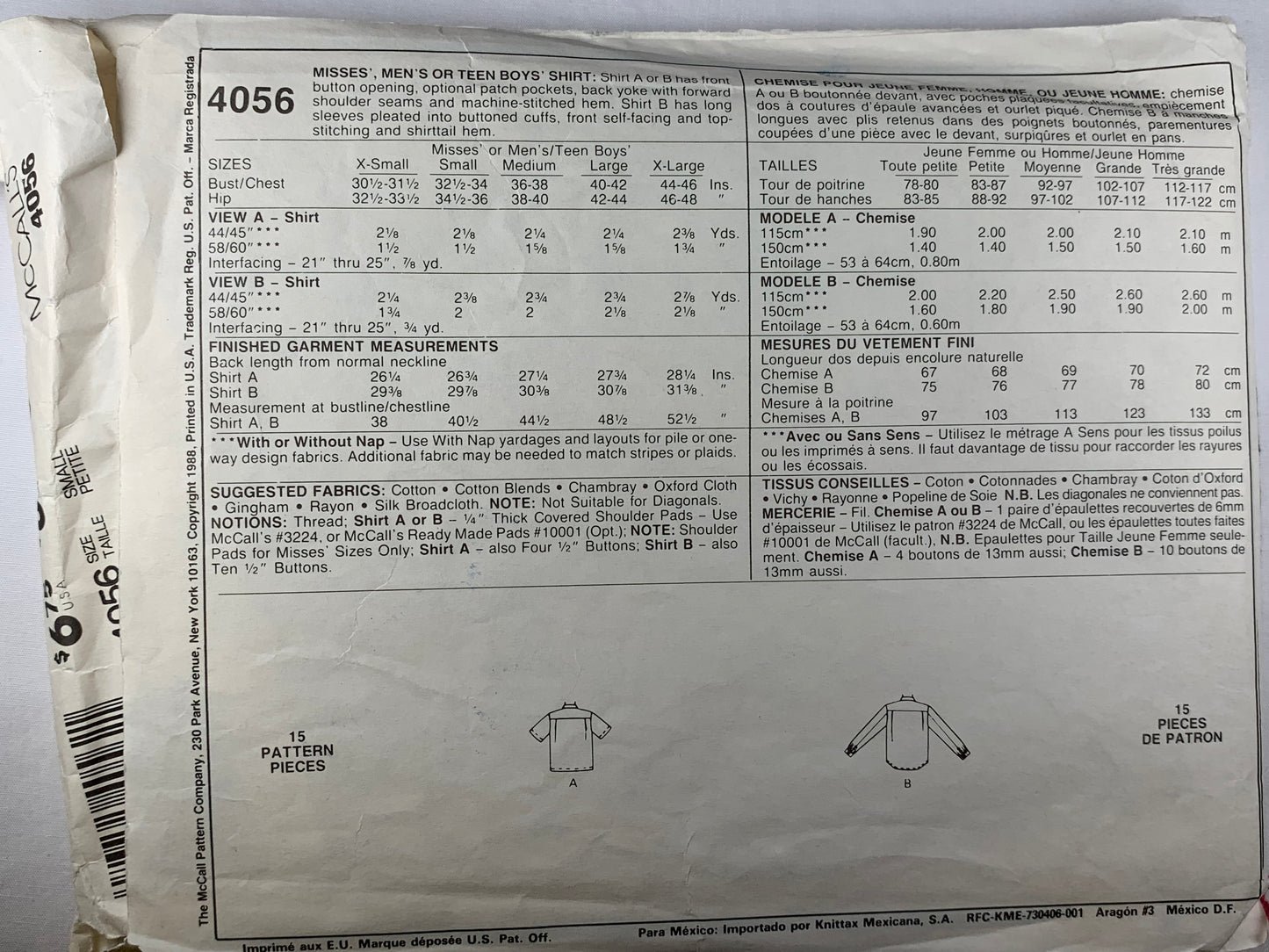 McCall's 4056 Misses' Men's Teens' Shirt, Size 32-34, Cut, Vintage 1988