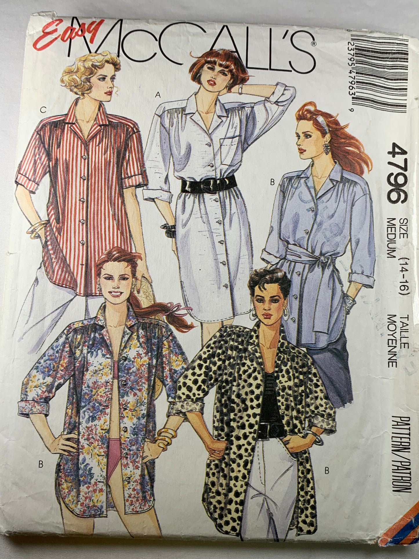 McCall's 4796 Misses' Shirts, Dress, Tie Belt, Size 14-16, Cut, Vintage 1990