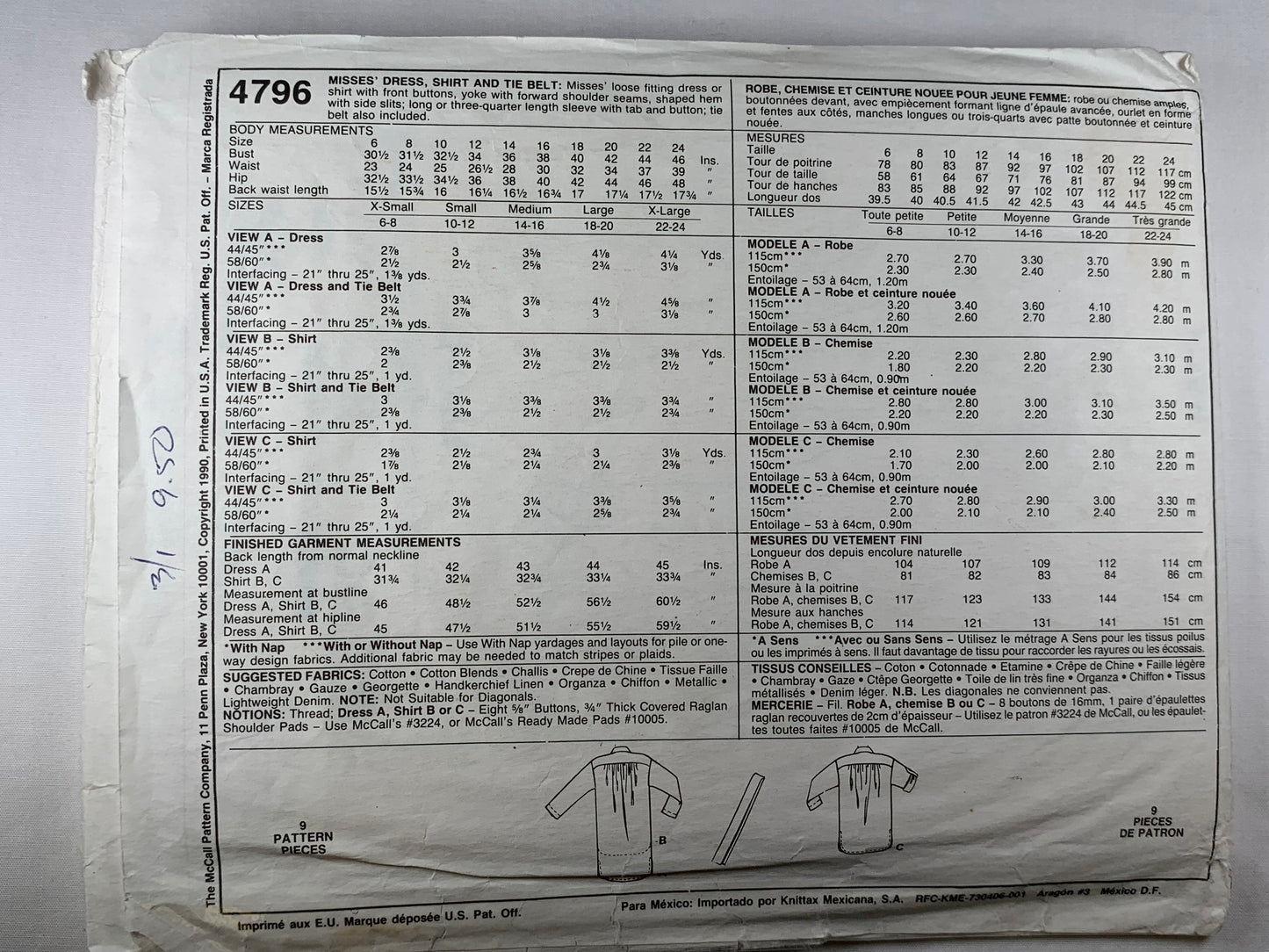 McCall's 4796 Misses' Shirts, Dress, Tie Belt, Size 14-16, Cut, Vintage 1990