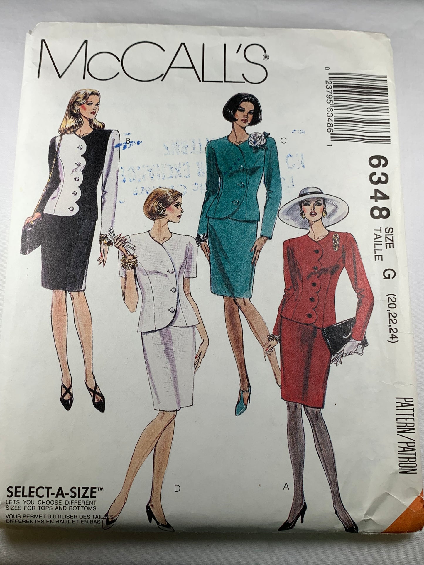 McCall's 6348 Misses Unlined Jacket, Skirt, Size 20, Cut, Vintage 1993