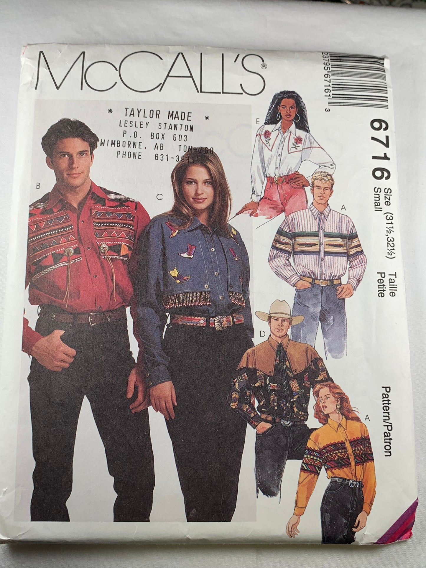 McCall's 6716 Misses' Men's Western Shirts, Size 31-32, Uncut, Vintage 1993