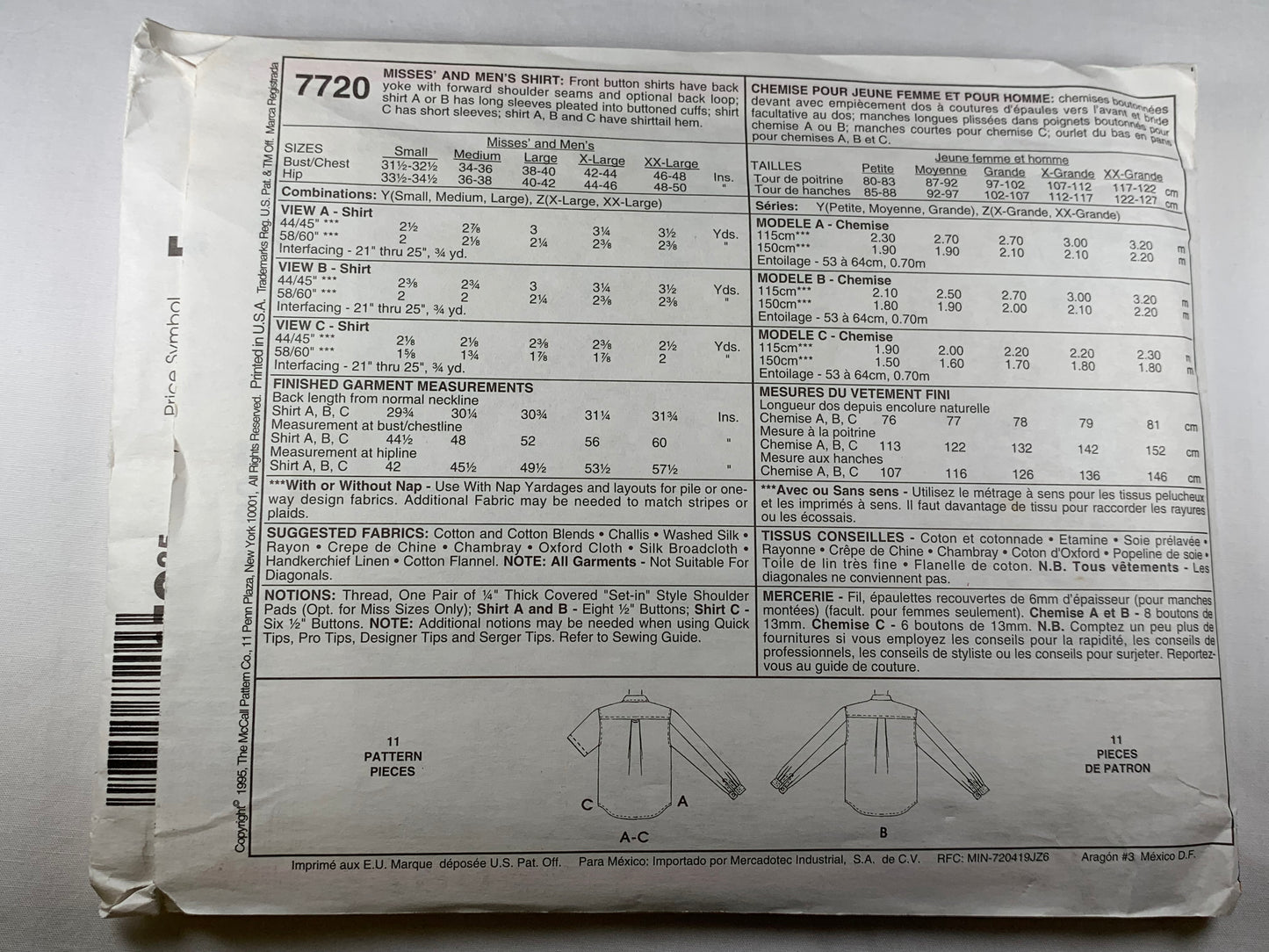 McCall's 7720 Misses' Men's Shirt, Size 31-40, Uncut, Vintage 1995