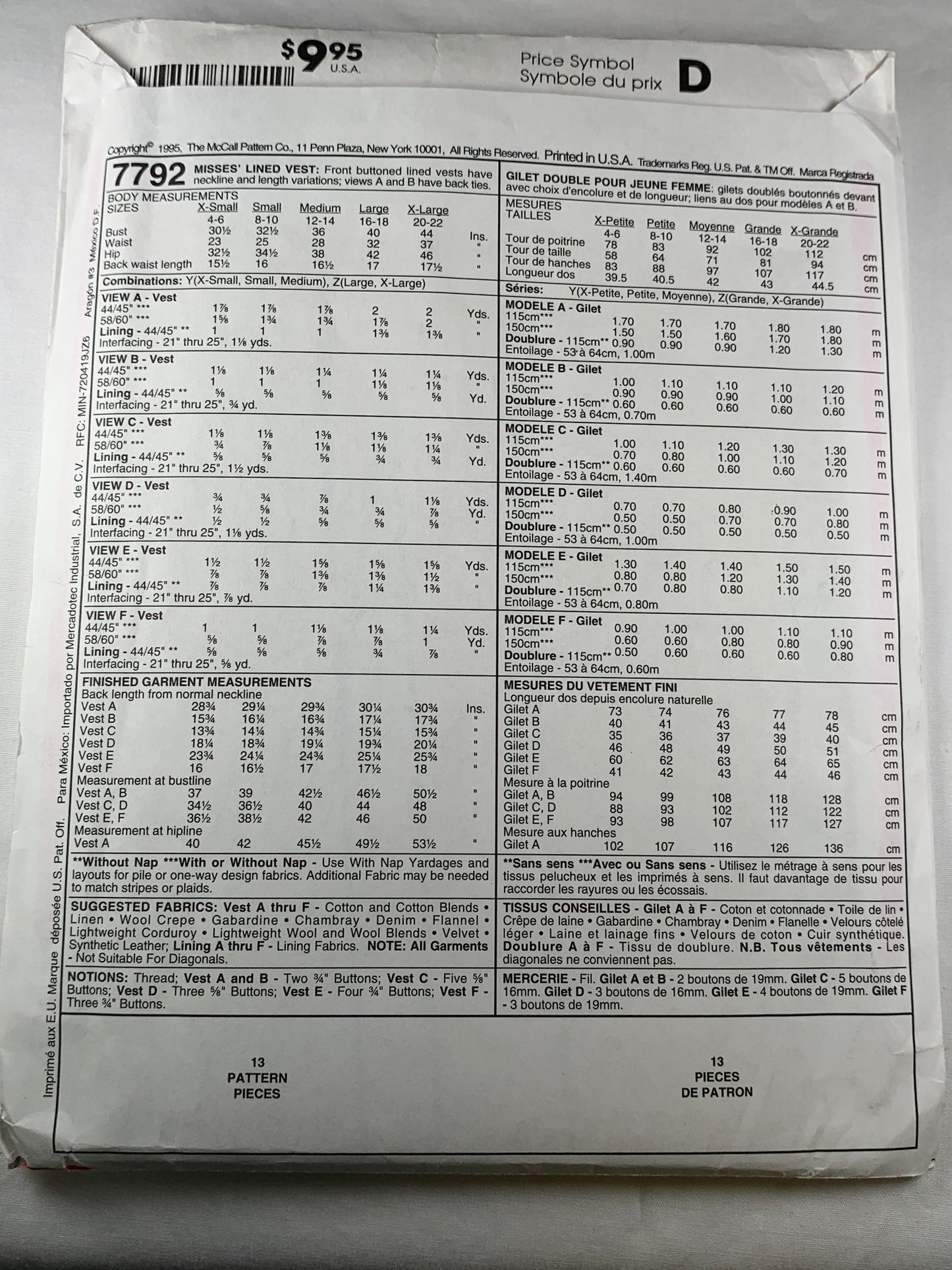 McCall's 7792 Misses' Lined Vest, Size 4-14, Uncut, Vintage 1995