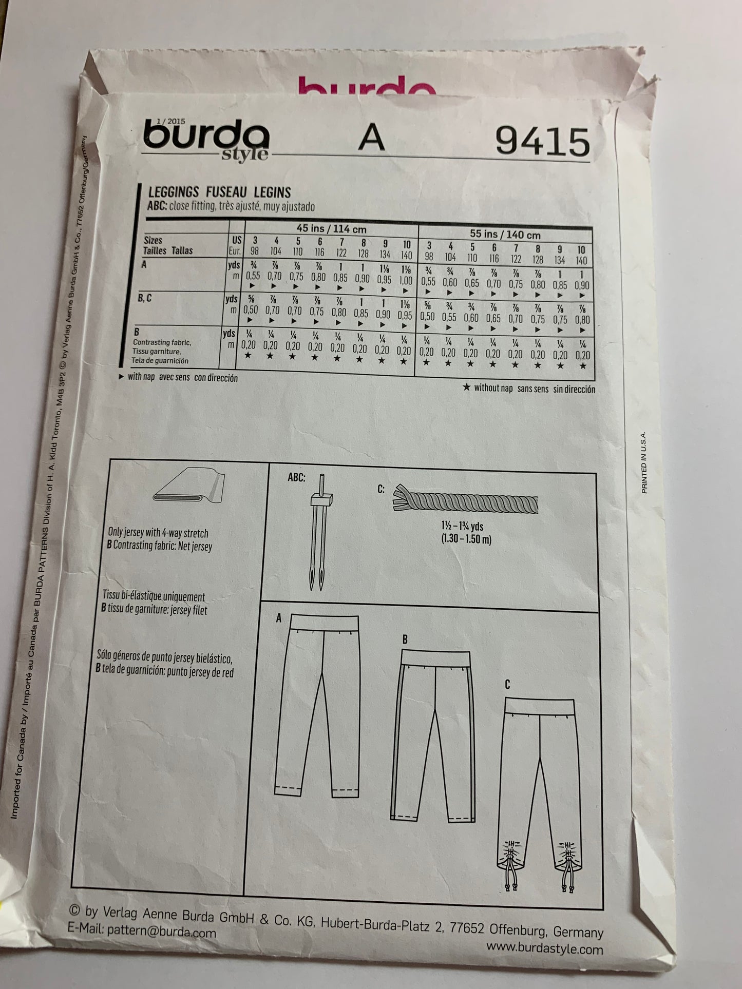 Burda Sewing Pattern 9415 Girls' Leggings, 3 Variations, Close Fitting, Elastic Waist, Size 3-10, Uncut, 2002