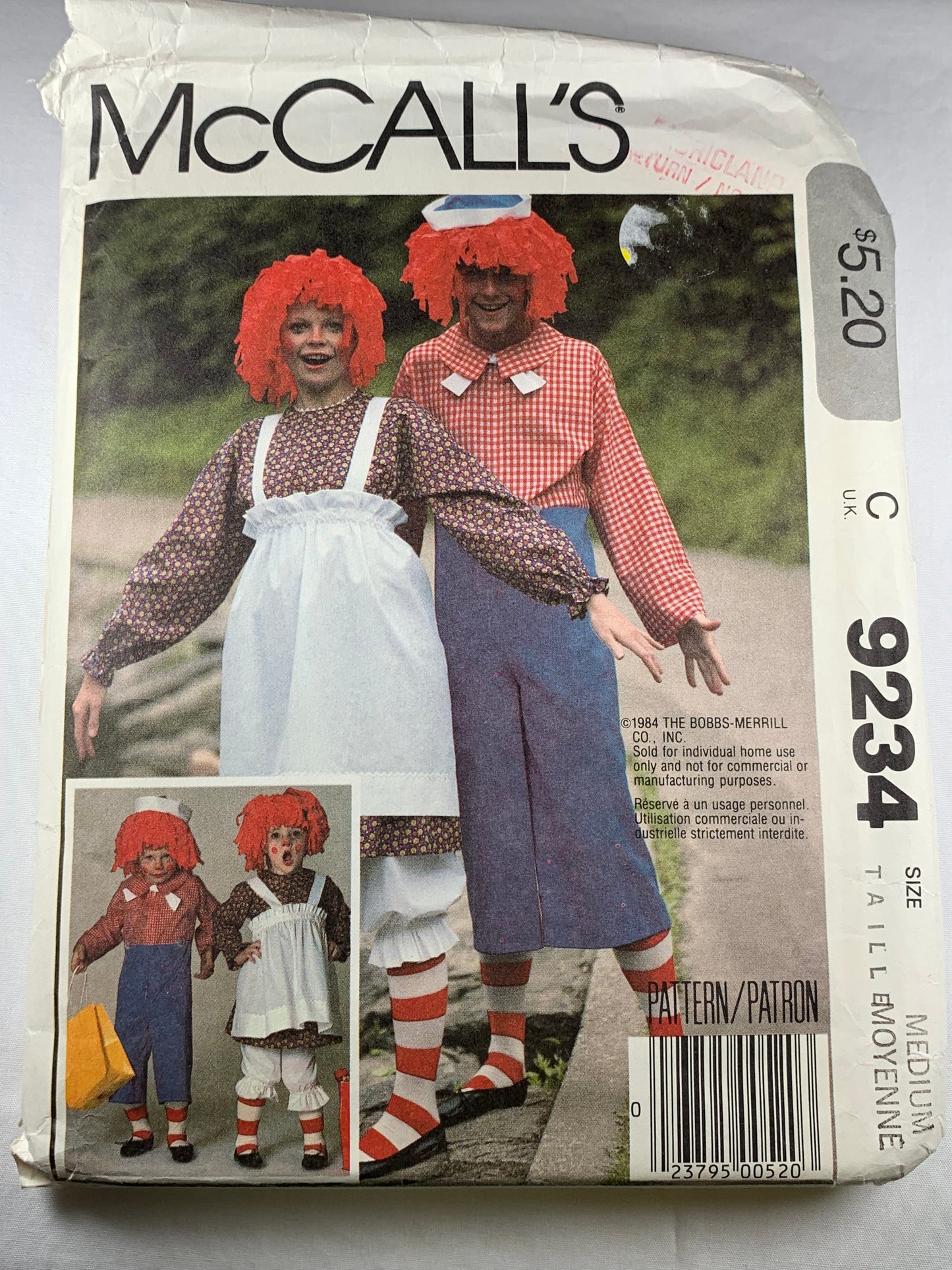 McCall's 9234 Misses' Raggedy Ann Costume, Size Medium, Cut, Vintage 1984