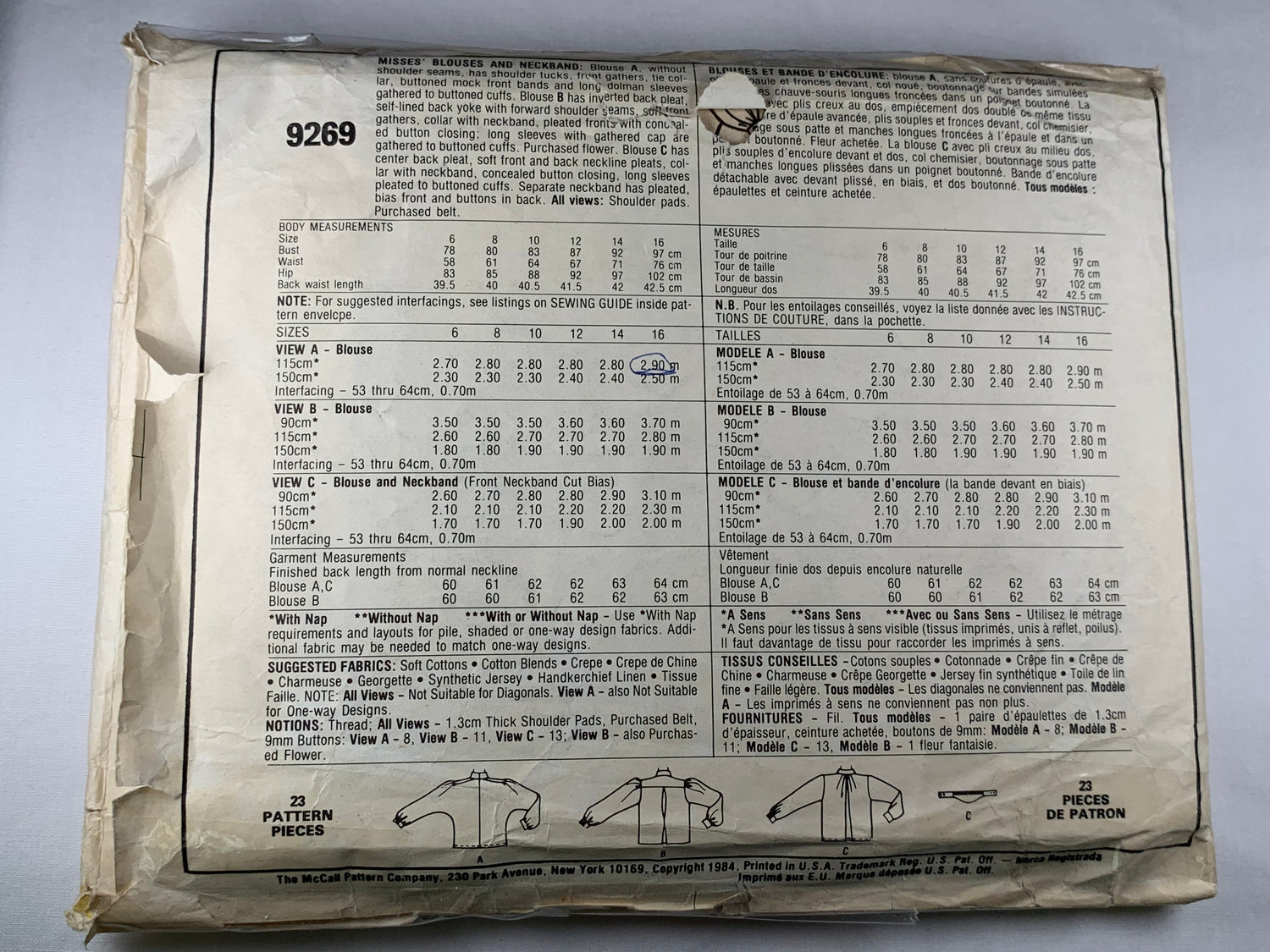McCall's 9269 Misses' Blouses, Size 16, Cut, Vintage 1984
