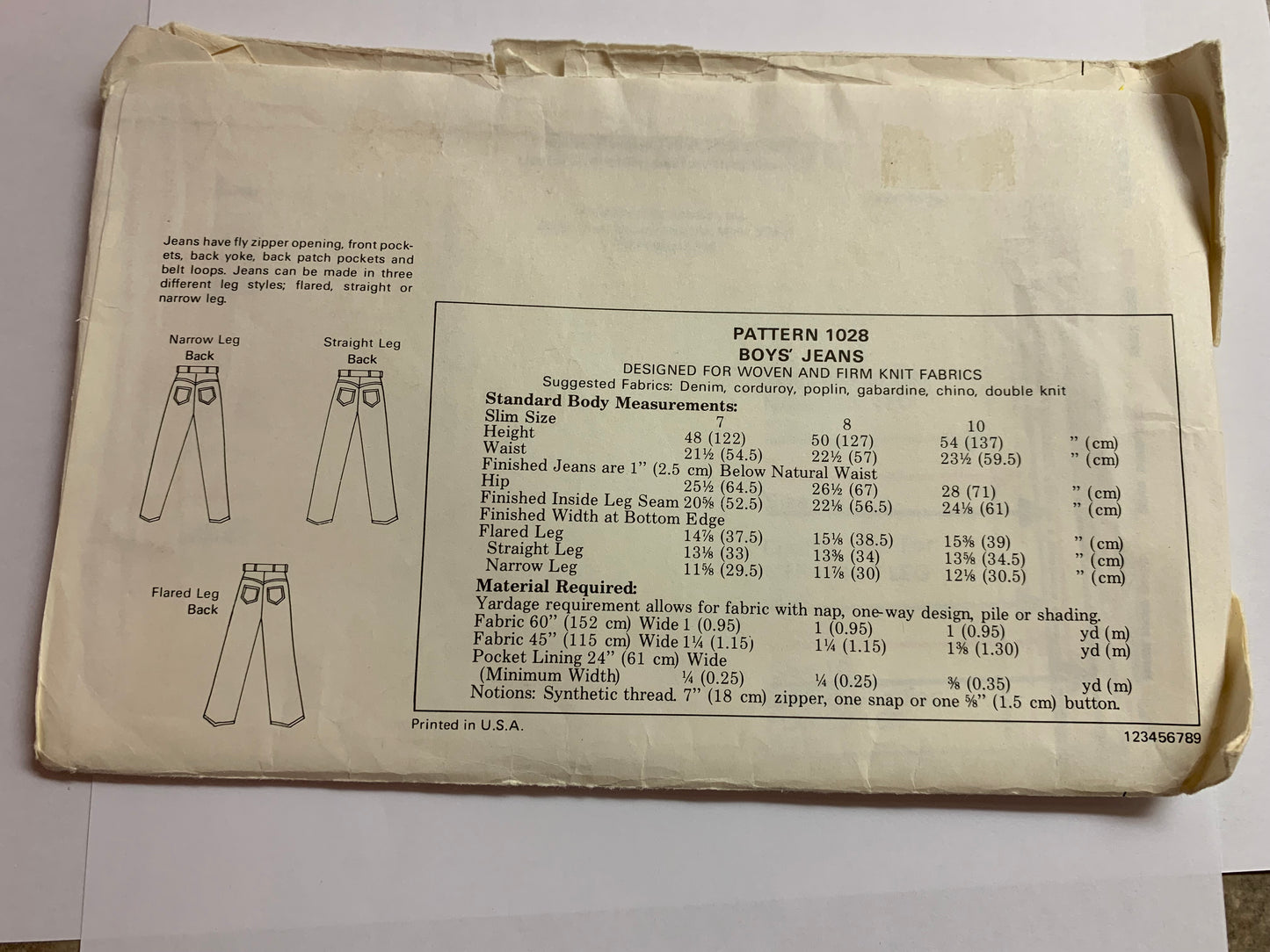 KWIK Sewing Pattern 1028 Boys' Jeans, Fly Zipper, Belt Loops, Flared/Straight Legs, Pockets, Uncut, Size 7-10, Vintage 1980