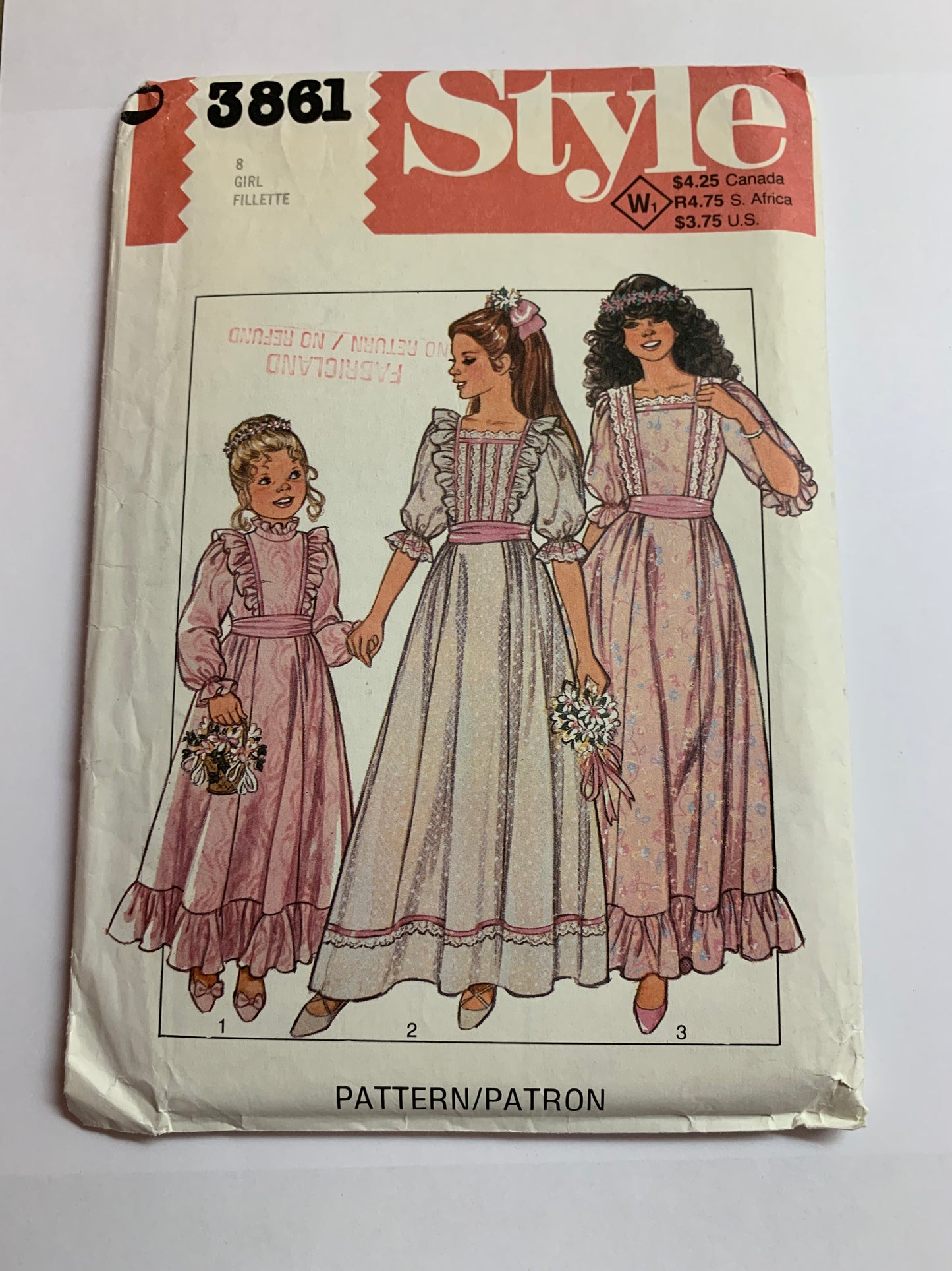 Style Sewing Pattern 3861 Girls' Lined Party Dress, Bridesmaid, Ruffles, Long/Short Sleeves, Zipper Back, 3 Variations, Size 8, Cut, Vintage 1982