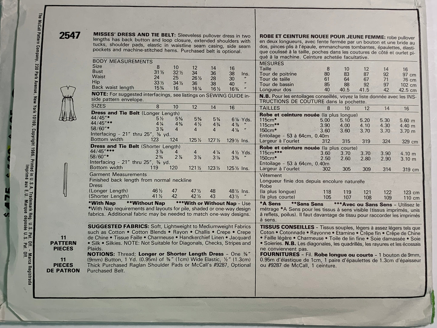 McCall's 2547 Misses' Dress, Tie Belt, Size 10, Uncut, Vintage 1986