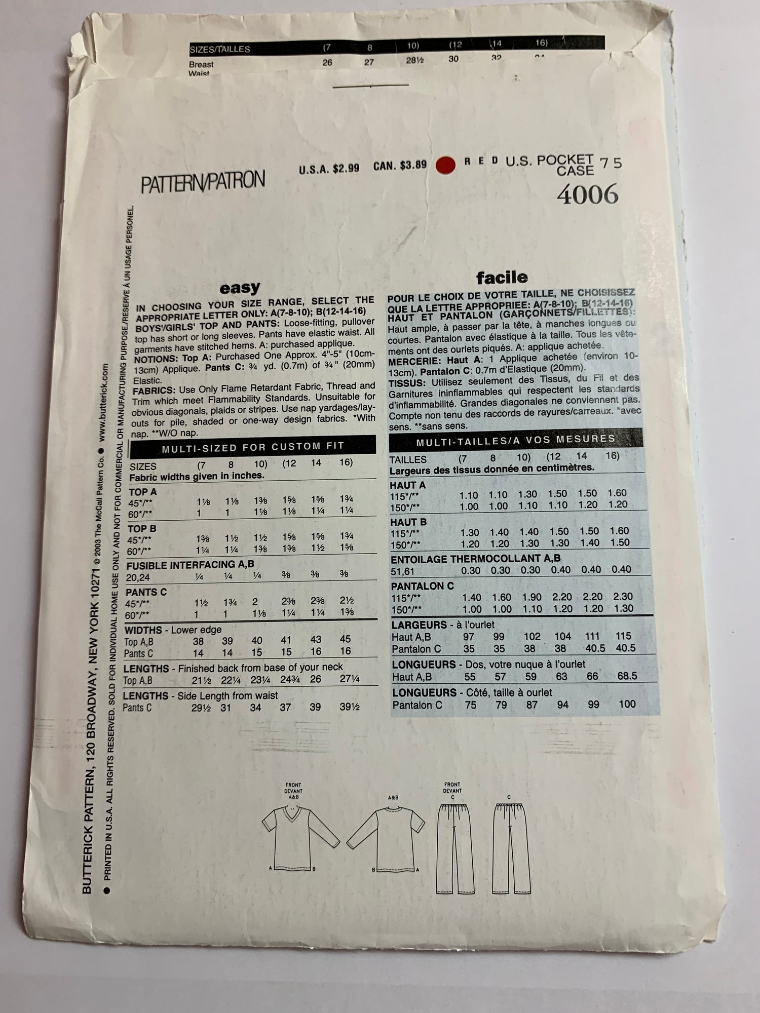 Butterick See & Sew Sewing Pattern 4006 Girls'/Boys' Pajamas, Top, Pants, Pull-On, Pullover, Long/Short Sleeves, Size 7-10, Cut, 2003