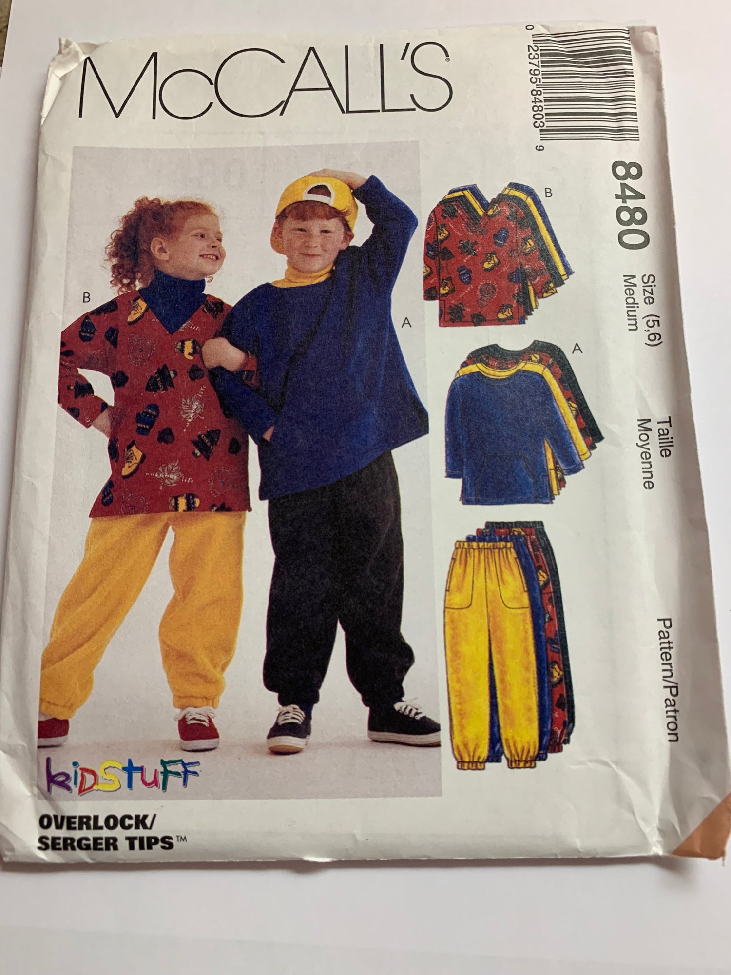 McCall's Sewing Pattern 8480 Boys'/Girls' Top, Pants, Pull-On, Pullover, Elastic Waist, Pockets, Size 5-6, Uncut, Vintage 1996