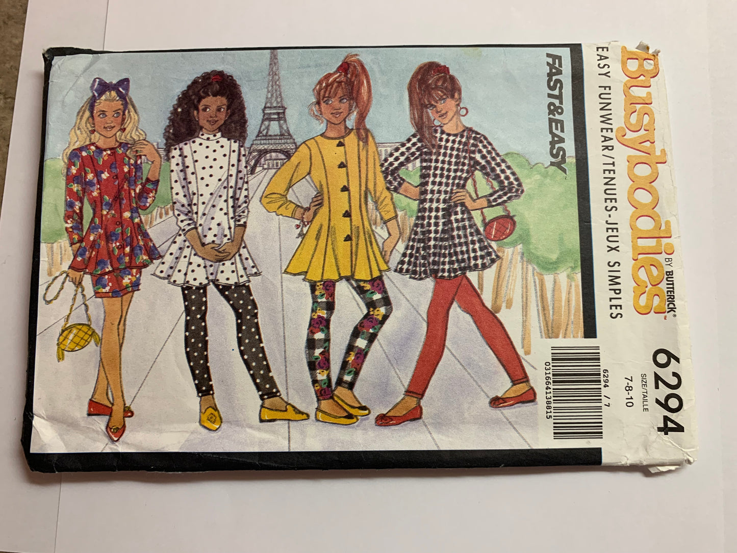 Butterick Busybodies Sewing Pattern 6294 Girls' Top, Leggings, Skirt, Close-Fitting, Pullover, Collar, Long Sleeves, Princess Seams, Elastic Waist, Size 7-10, Cut, Vintage 1994