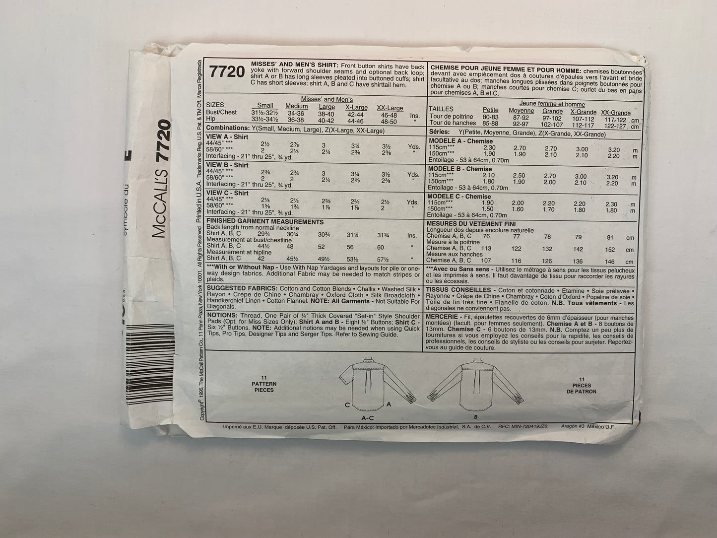 Copy of McCall's 7720 Misses' Men's Shirt, Size 31-40, Uncut, Vintage 1995