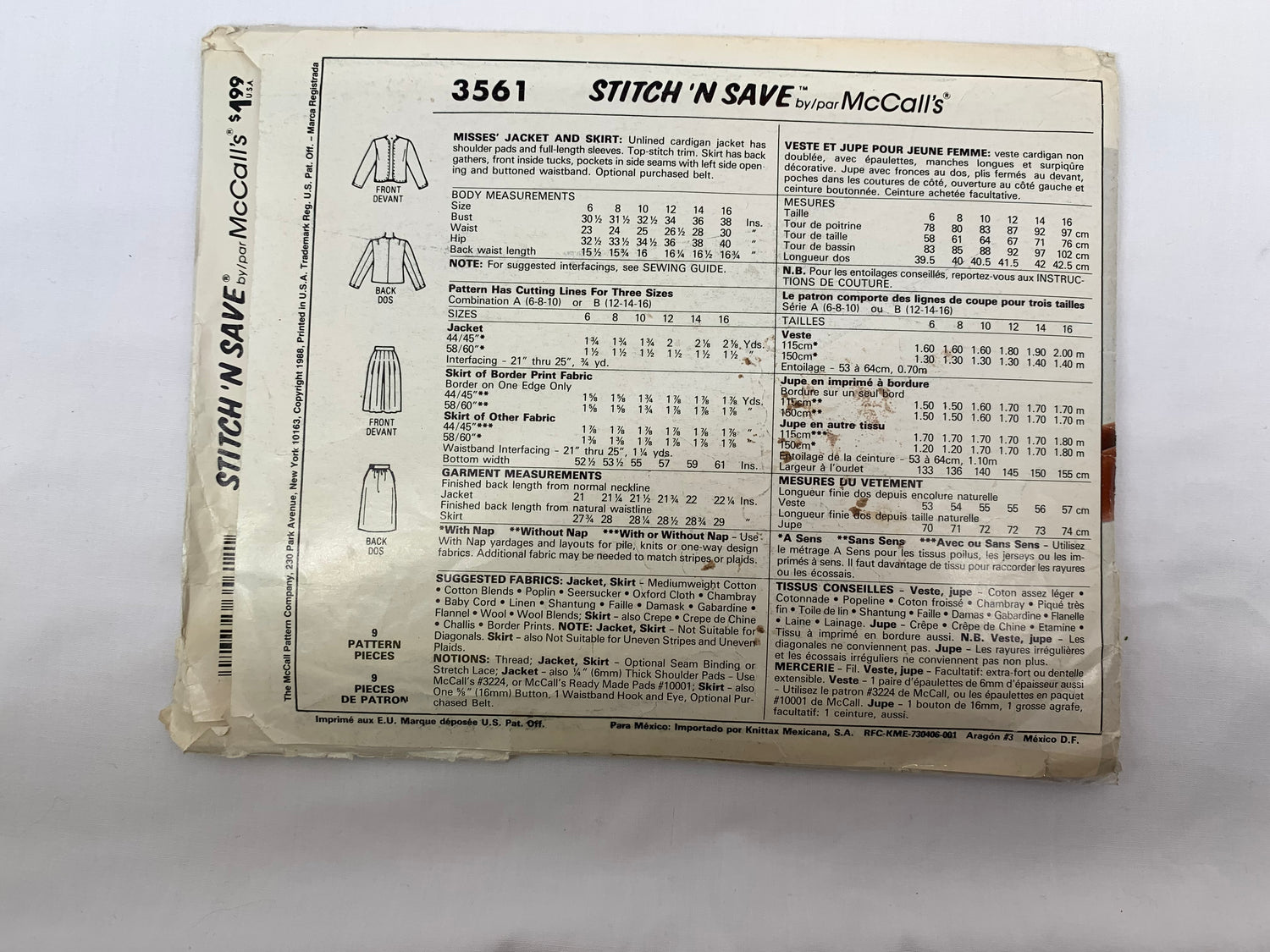 McCall's 3561 Misses' Jacket, Skirt, Size 12-16, Cut, Vintage 1988