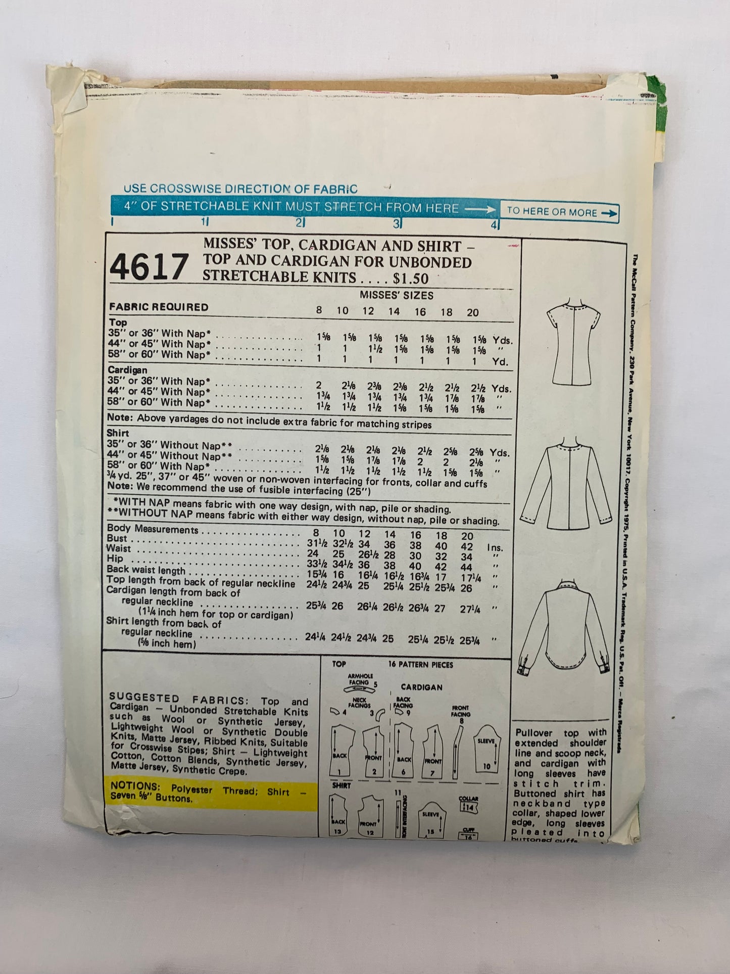 McCall's 4617 Misses' Top, Cardigan, Shirt, Size 14-18, Cut, Vintage 1975