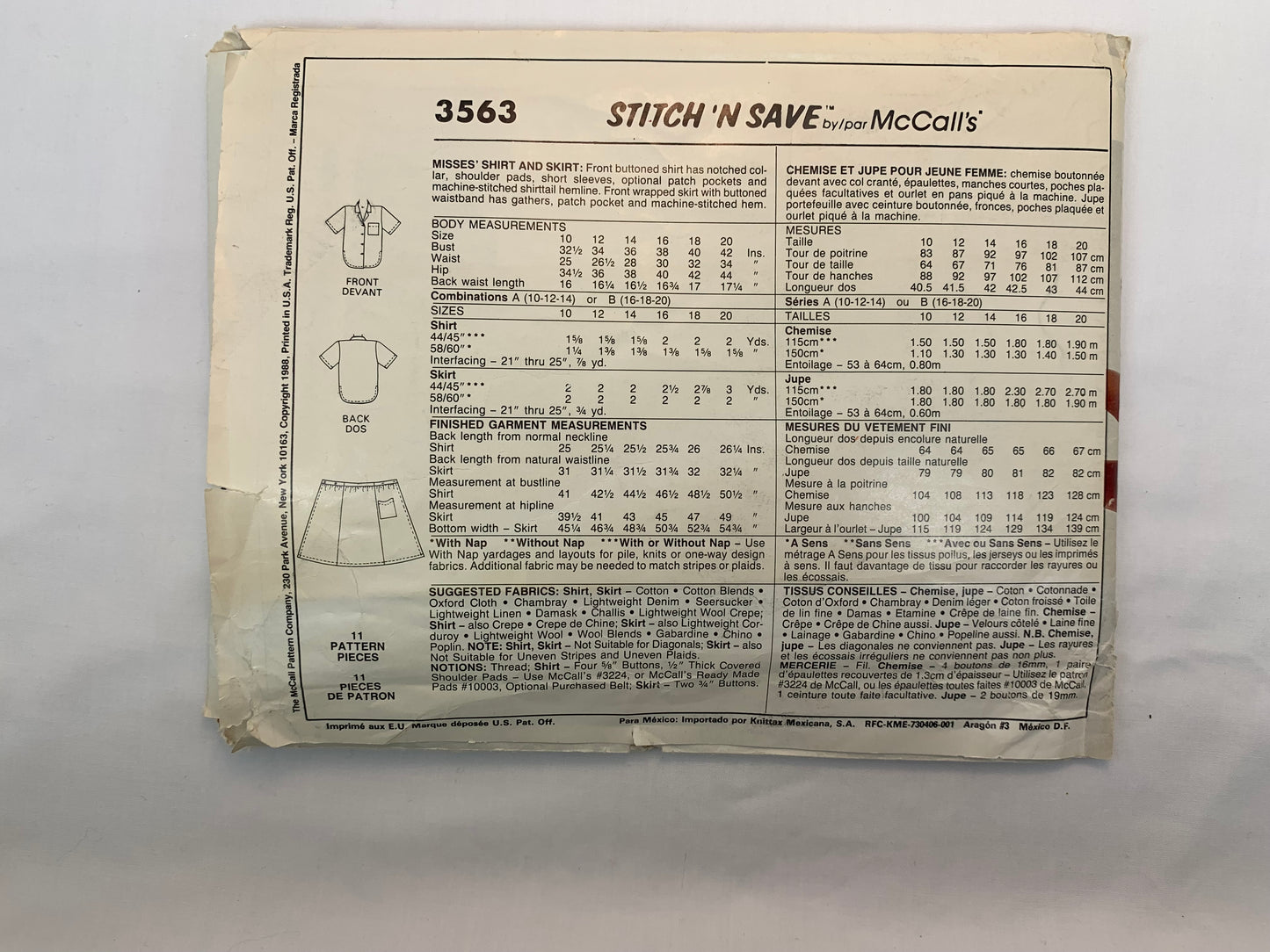 McCall's 3563 Misses' Shirt, Skirt, Size 16-20, Uncut, Vintage 1988