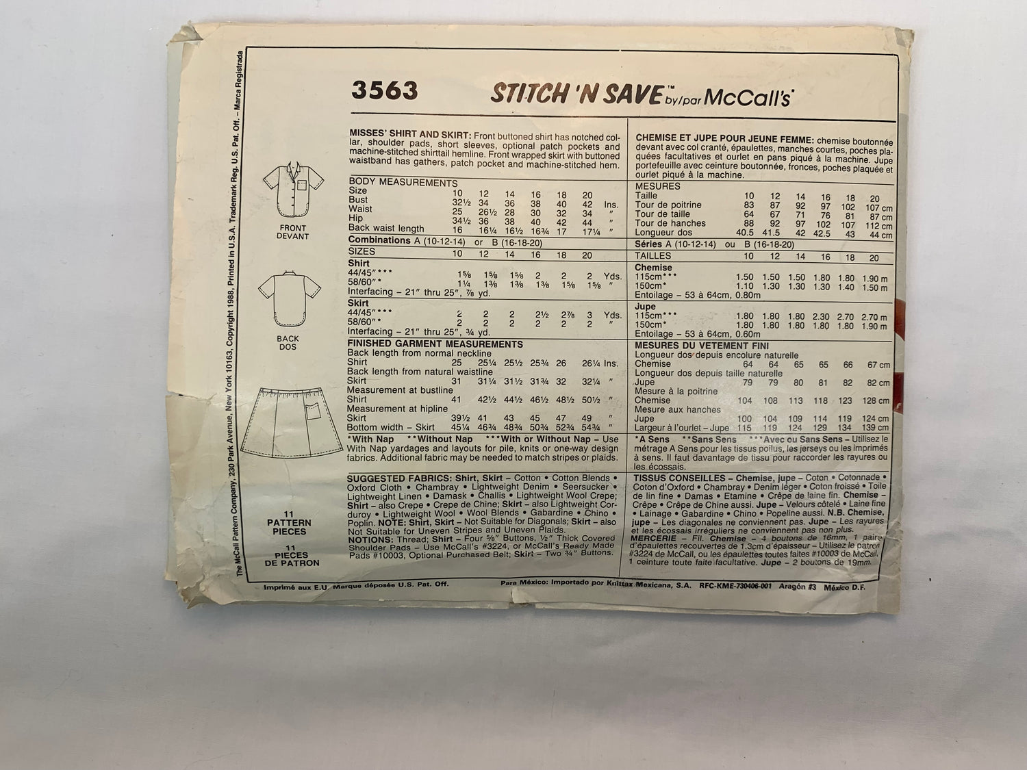 McCall's 3563 Misses' Shirt, Skirt, Size 16-20, Uncut, Vintage 1988