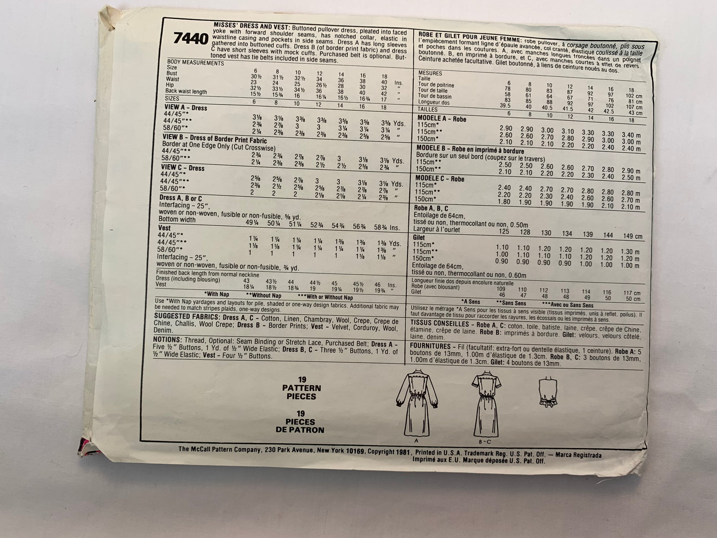 McCall's 7440 Misses' Dress, Vest, Size 12, Cut, Vintage 1981