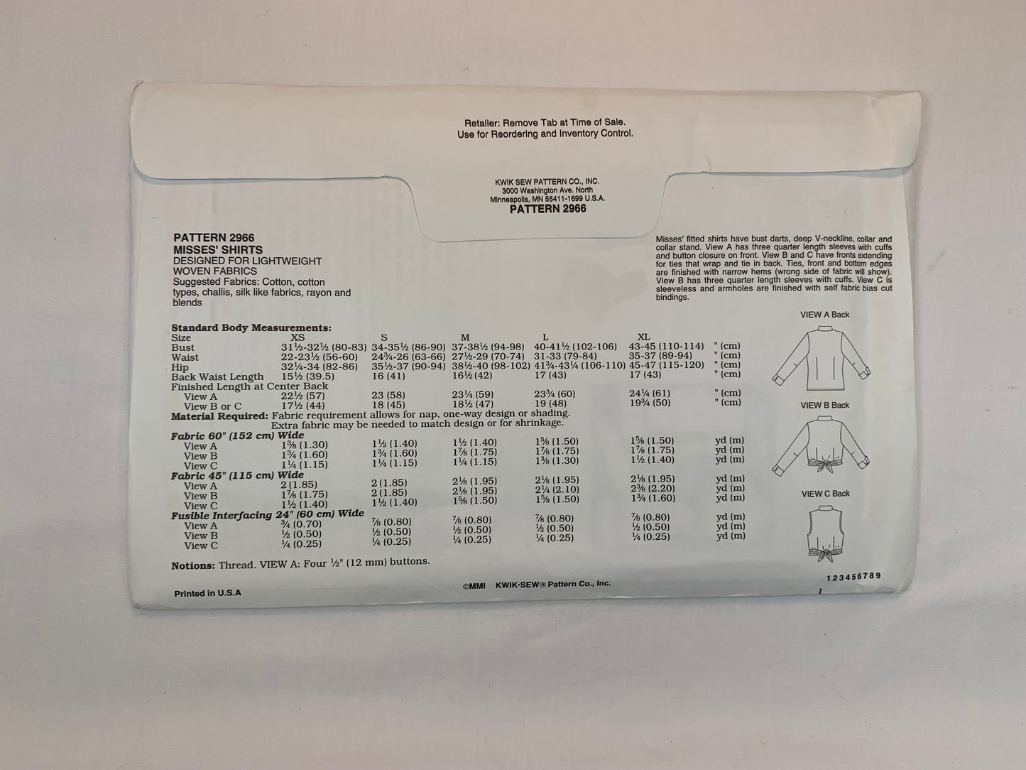 KWIK 2966 Misses' Shirts, Size 31-45, Uncut, 2001
