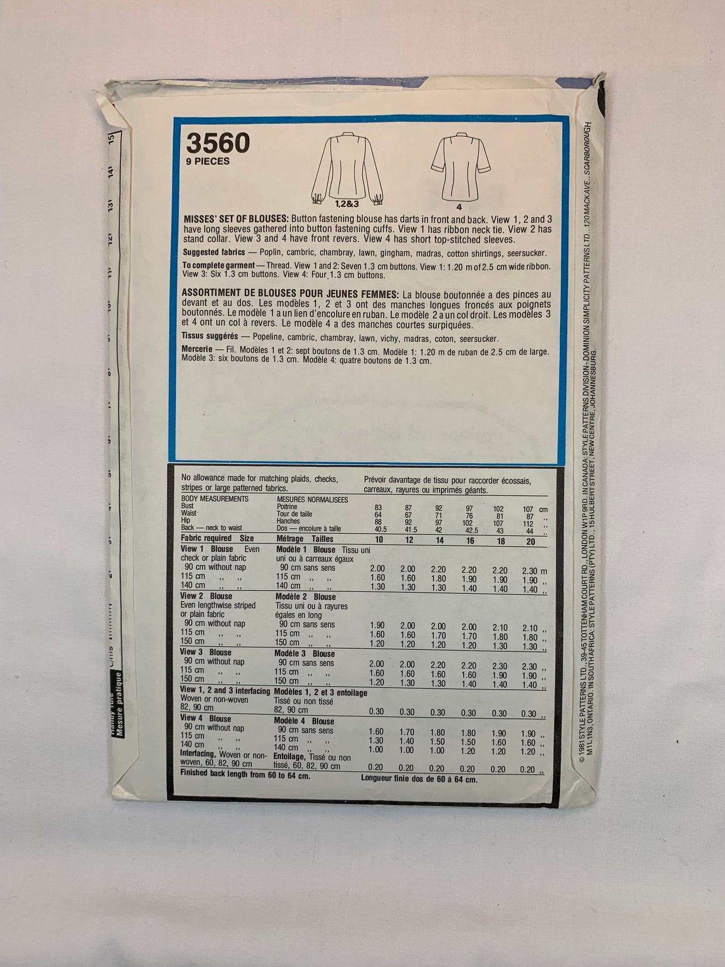 Style 3560 Misses' Blouses, Size 10, Cut, Vintage 1981