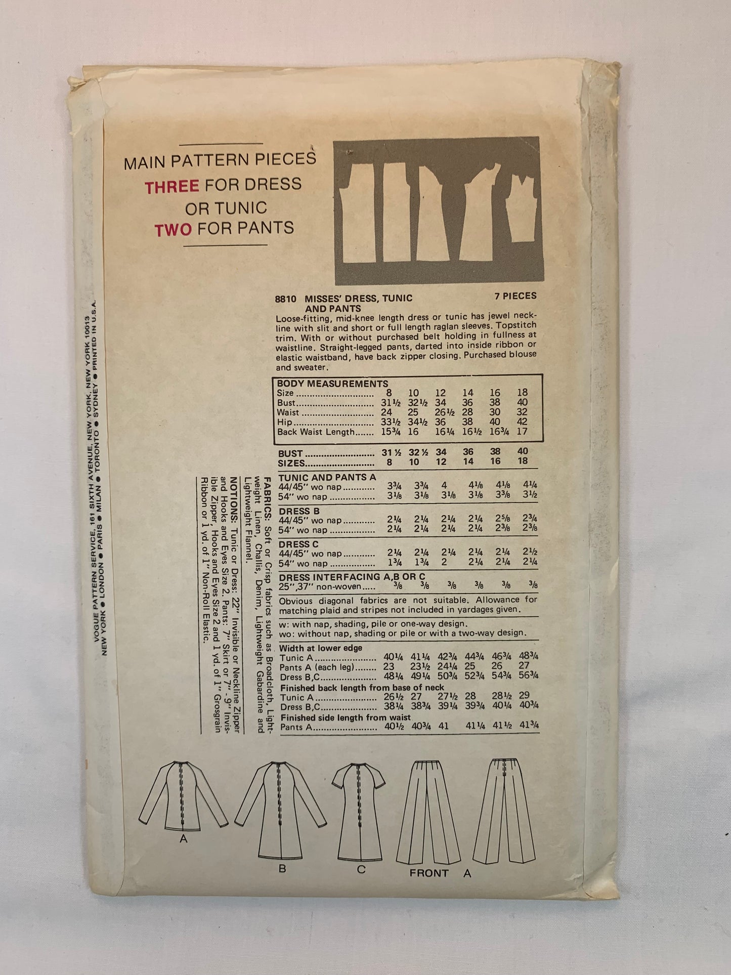 Vogue 8810 Misses' Dress, Tunic, Pants, Size 14, Cut, Vintage 1974