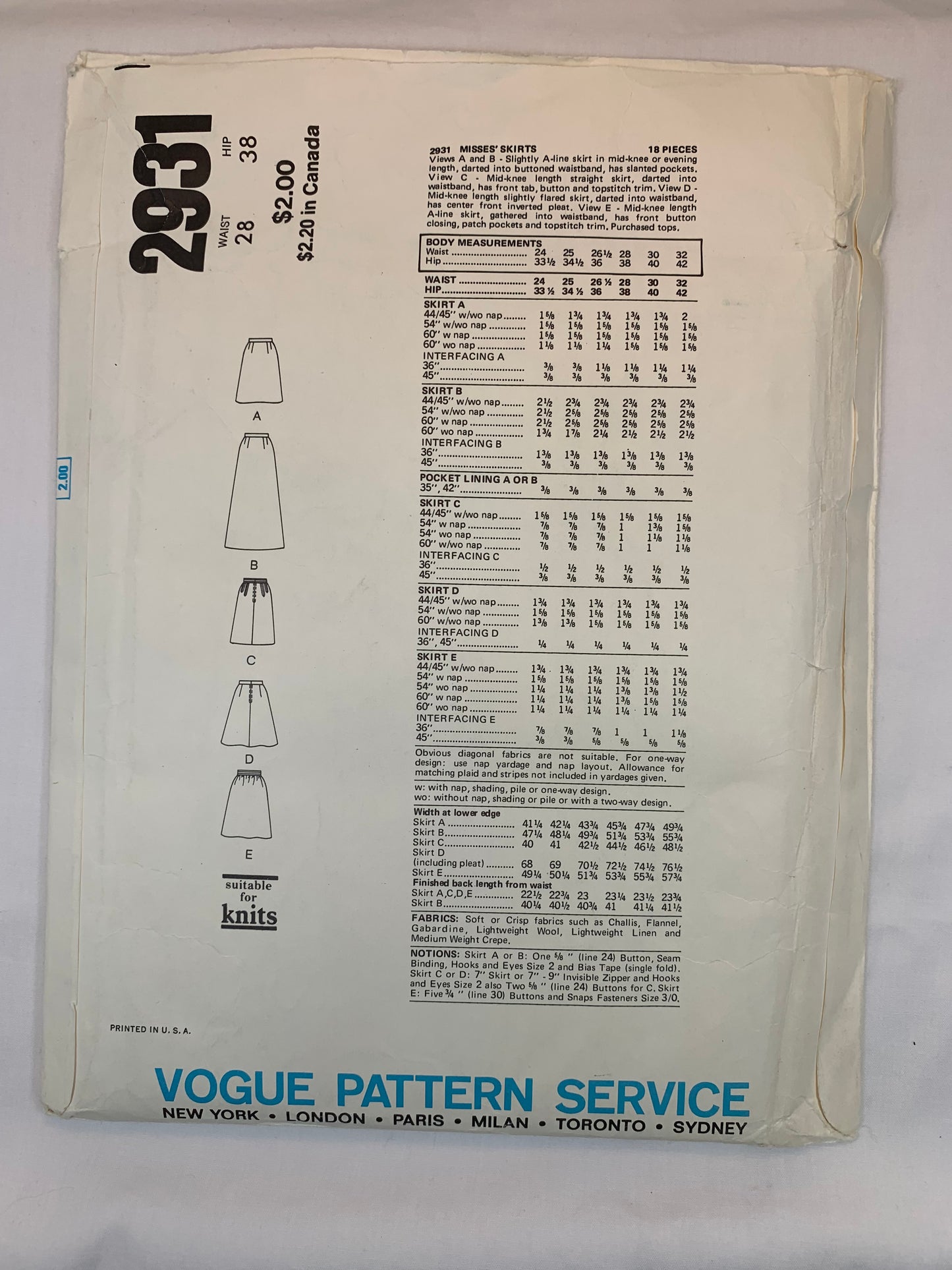 Vogue Sewing Pattern 2931 Misses' Skirts, Pockets, Flared, A-Line, Waist 28, Cut, Vintage 1970
