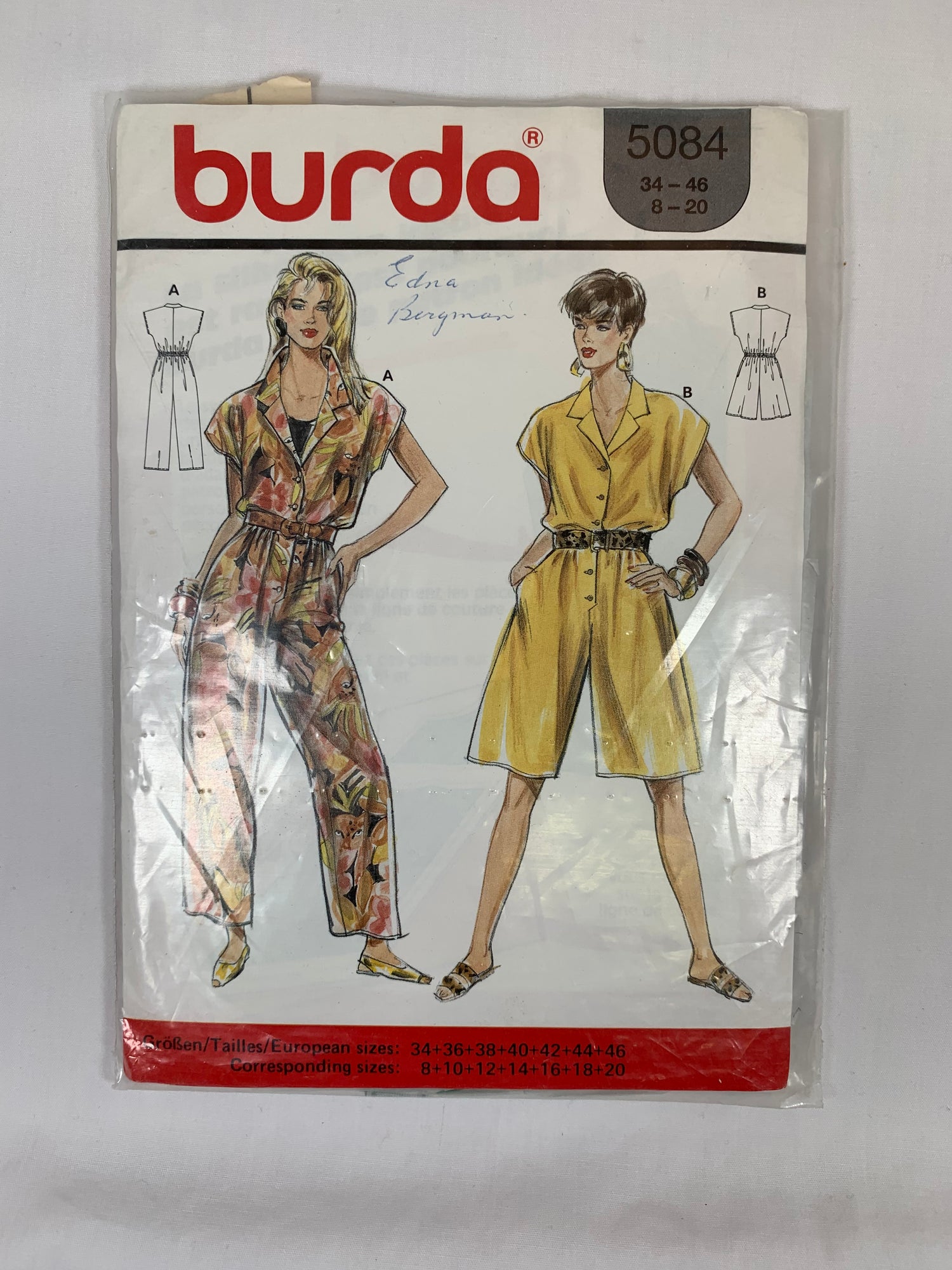 Burda Sewing Pattern 5084 Misses' Jumpsuit, Two Lengths, Elastic Waist, Sleeveless, Loose-Fitting, Size 34-46, Cut, Vintage 1990