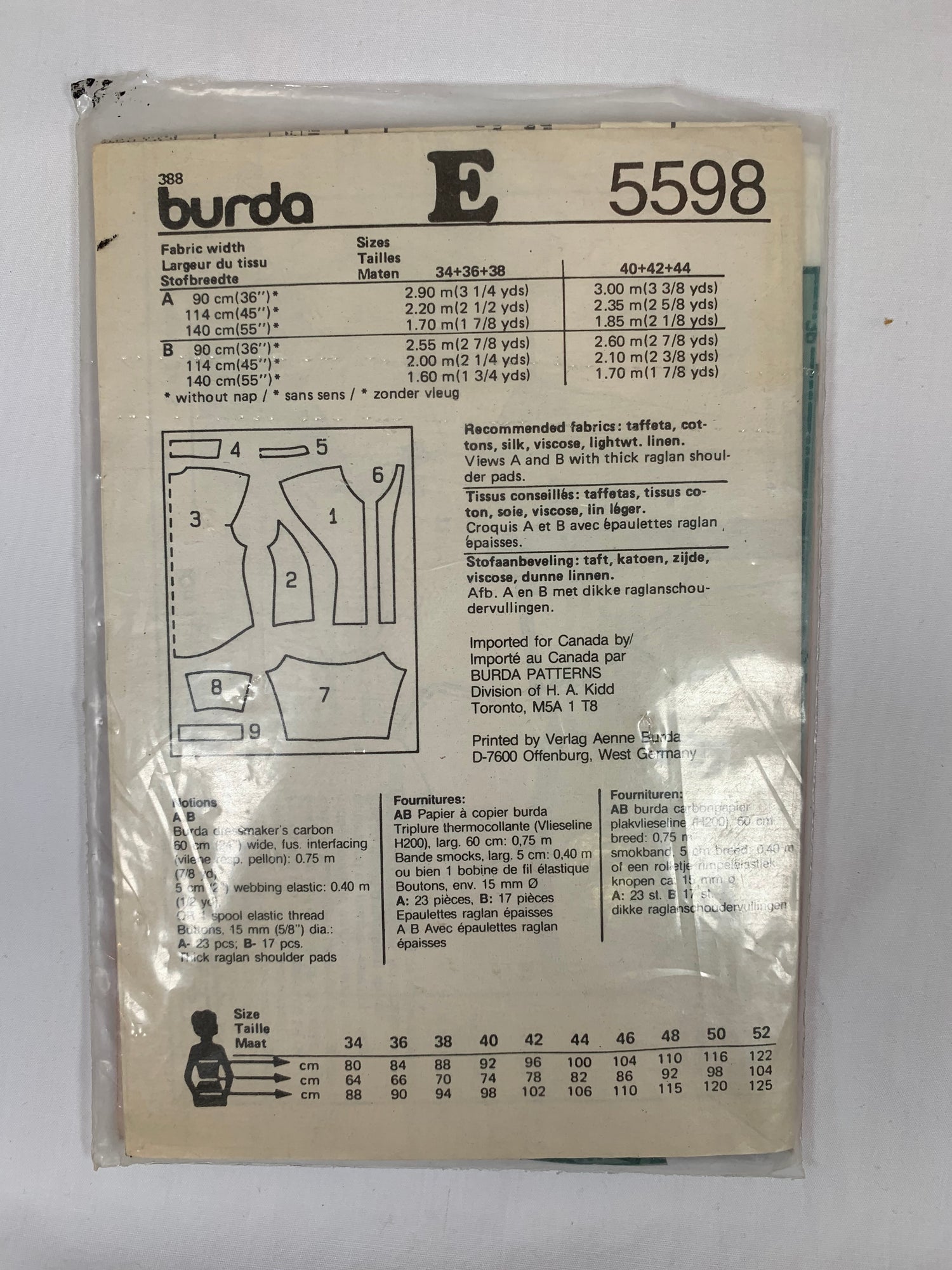 Burda Sewing Pattern 5598 Misses' Tops, Long Raglan Sleeves, Button Front, Shoulder Pads, Size 34-44, Cut, Vintage 1990