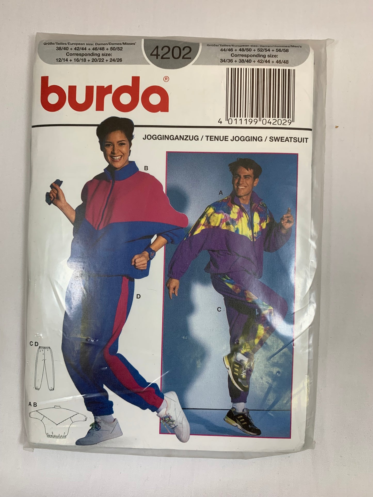 Burda Sewing Pattern 4202 Misses' Men's Sweatsuit, Jogging Suit, Zipper Front, Elastic Waist, Pockets, Size 38-52, Uncut, 2000