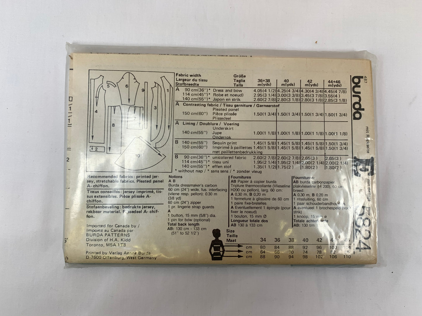 Burda Sewing Pattern 5824 Misses' Evening Gown, Dress, Skirt, Zipper Back, Long Sleeves, Size 36-46, Uncut, Vintage 1989