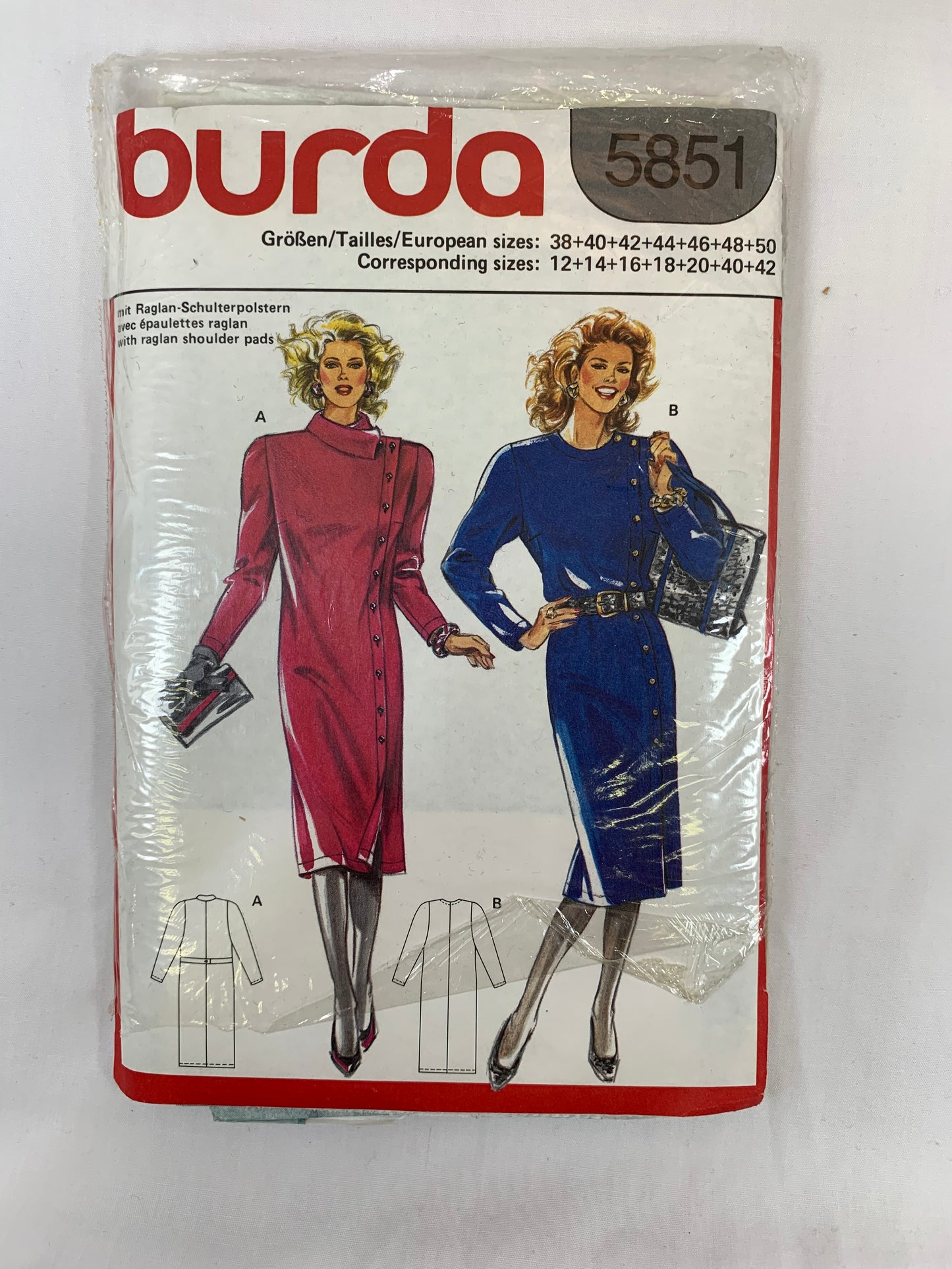 Burda Sewing Pattern 5851 Misses' Dress, Two Variations, Button Front, Long Sleeves, Shoulders Pads, Size 38-50, Cut, Vintage 1989