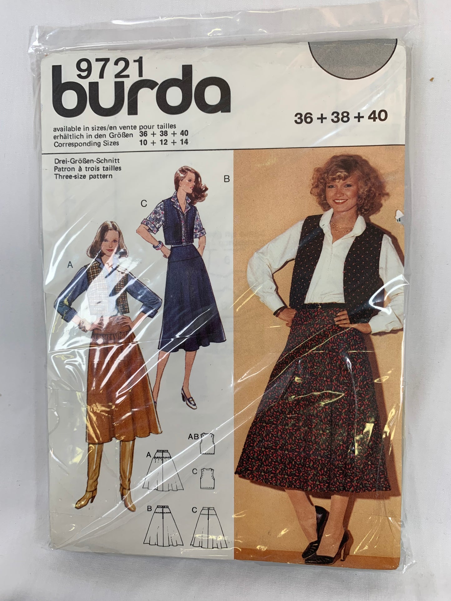 Burda Sewing Pattern 9721 Misses' Skirt, Top, Vest, Long/Short Sleeves, Button Front, Collar, Size 36-40, Cut, 2000