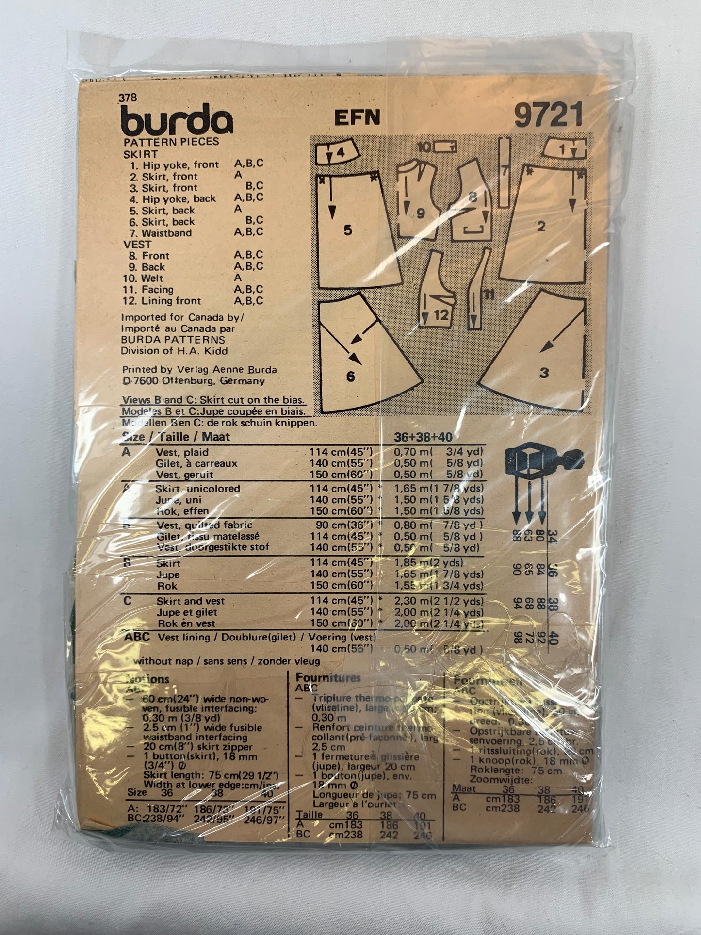 Burda Sewing Pattern 9721 Misses' Skirt, Top, Vest, Long/Short Sleeves, Button Front, Collar, Size 36-40, Cut, 2000