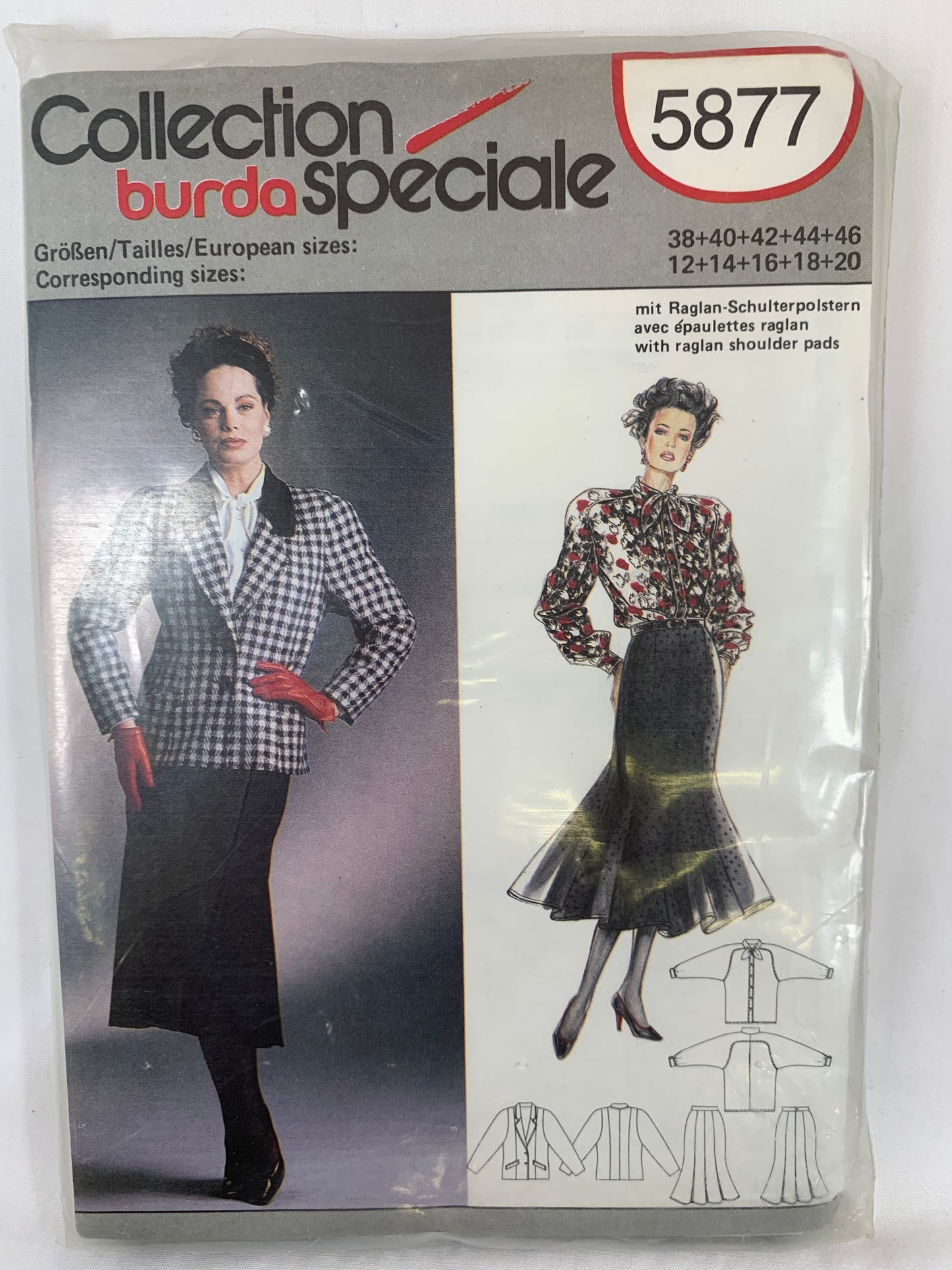 Burda Sewing Pattern 5877 Misses' Skirt, Top, Jacket, Button Front, Flared, Pockets, Long Sleeves, Size 38-46, Uncut, Vintage 1980