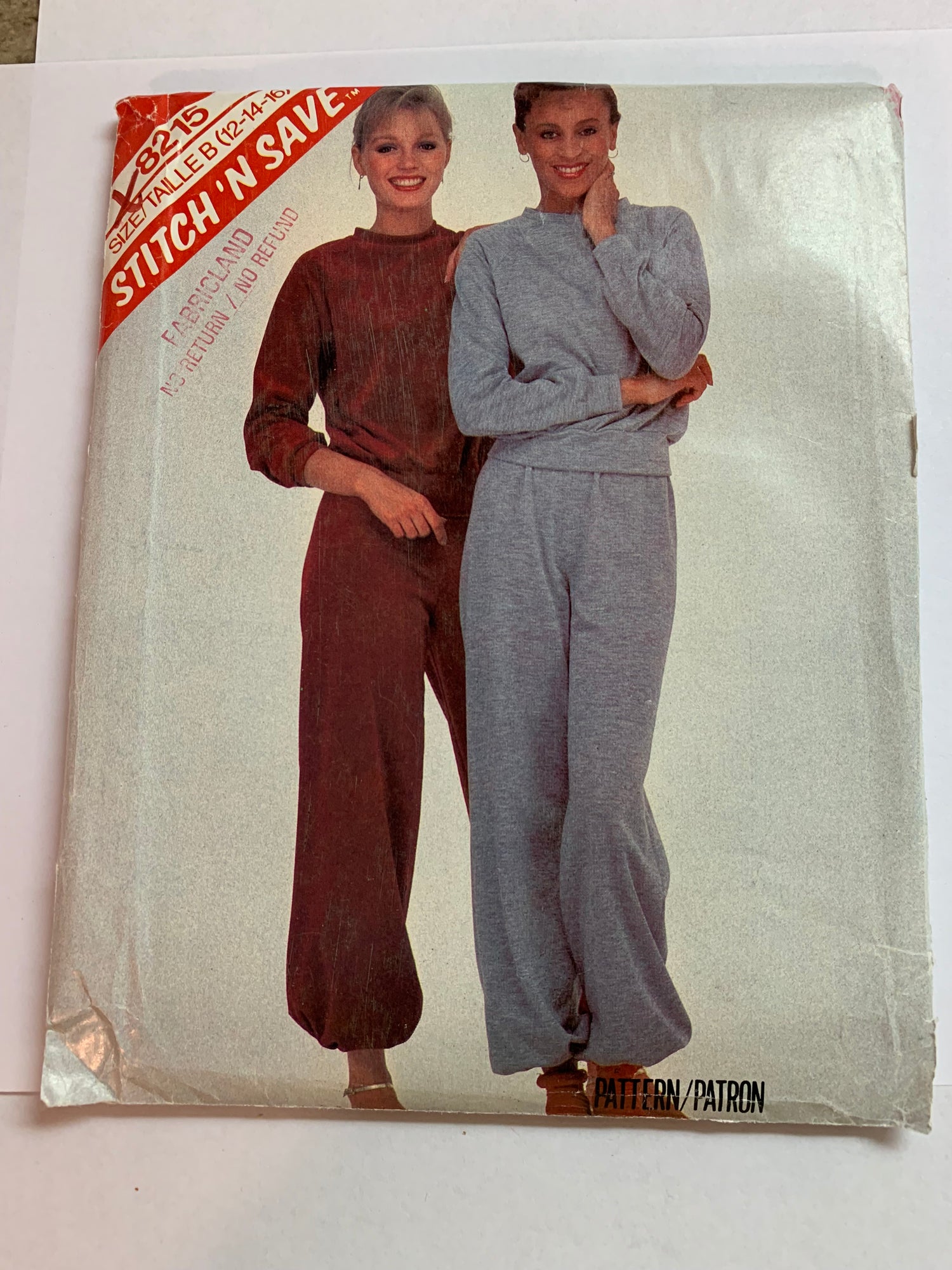 McCall's Sewing Pattern Stitch 'n Save 8215 Misses' Top, Pants, Stretch Knits Only, Pullover, Long Raglan Sleeves, Elastic Waist, Size 12-16, Uncut, Vintage 1982