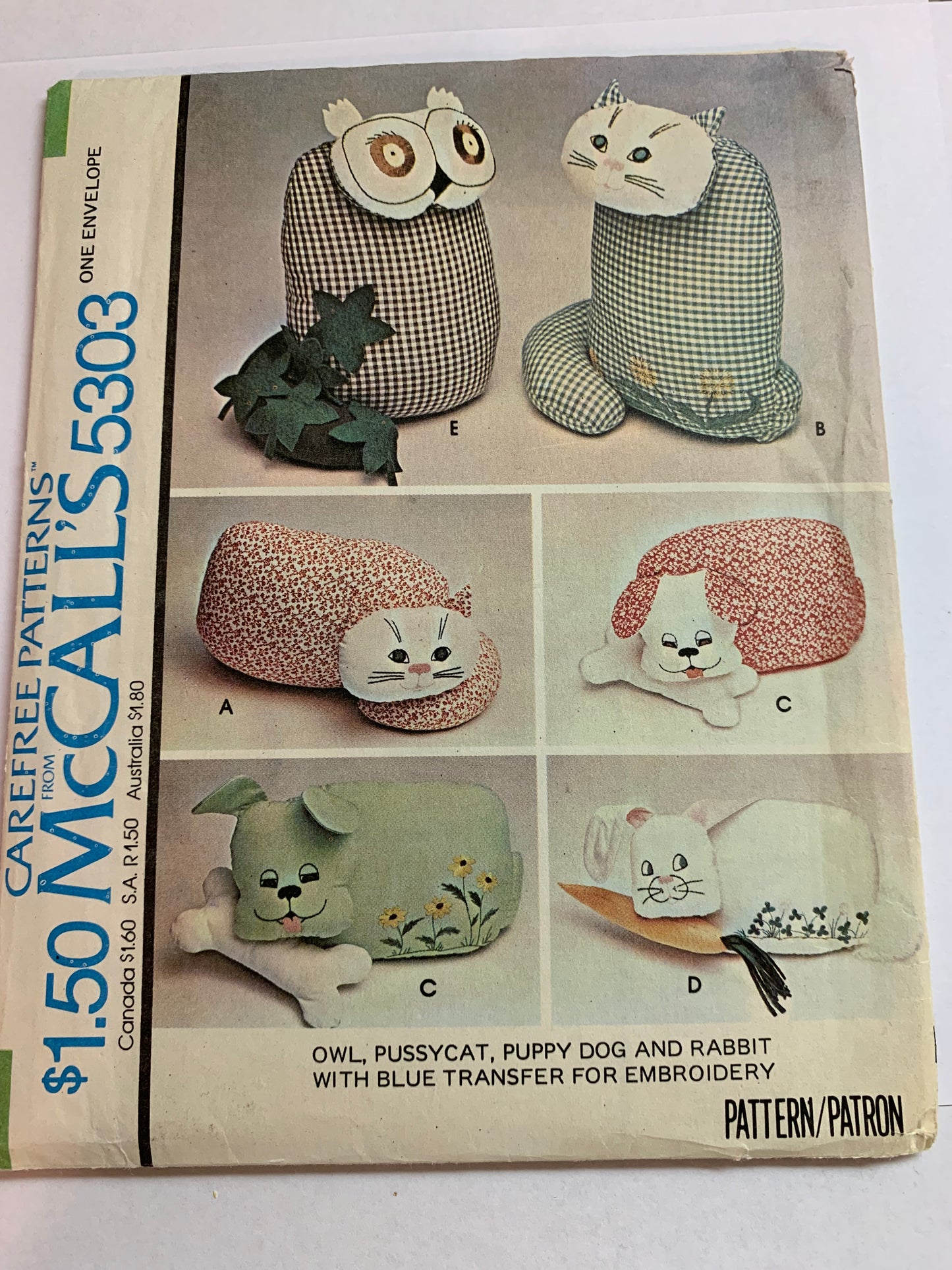 McCall's Sewing Pattern 5303 Crafts, Transfers, Embroidery, Pussycat, Owl, Puppy Dog, Rabbit, Uncut, Vintage 1976