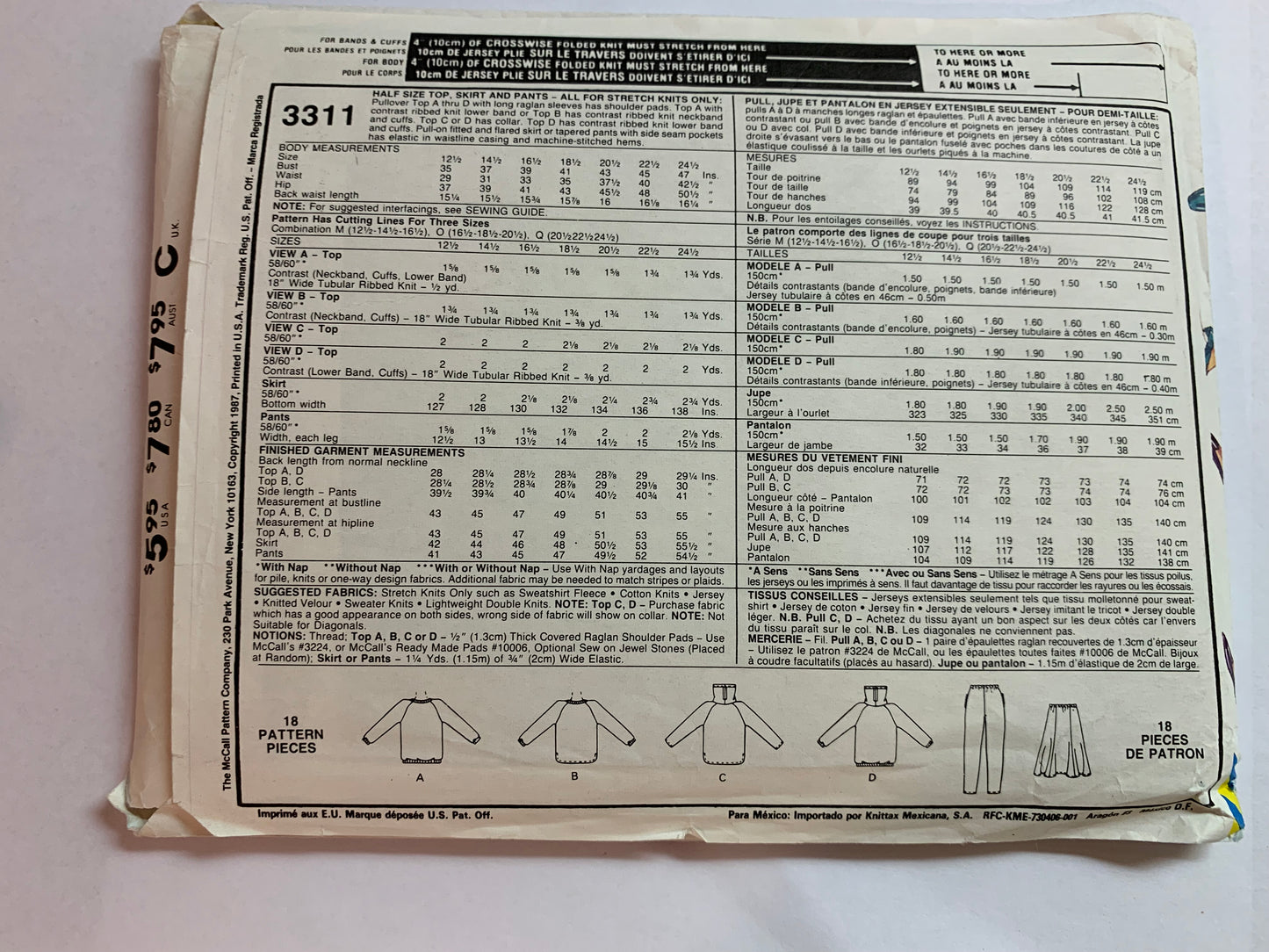 McCall's Sewing Pattern 3311 Misses' Top, Pants, Skirt, Stretch Knits, Pullover Long Raglan Sleeves, Shoulder Pads, Size 20 1/2- 24 1/2, Uncut, Vintage 1987