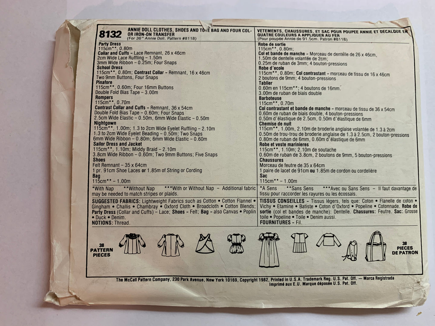 McCall's Sewing Pattern M6258 Anne Doll Crafts, Clothes, 36" Doll, Dress, Pinafore, Rompers, Nightgown, Sailor Dress/Jacket, Bag, Shoes, Uncut, Vintage 1982